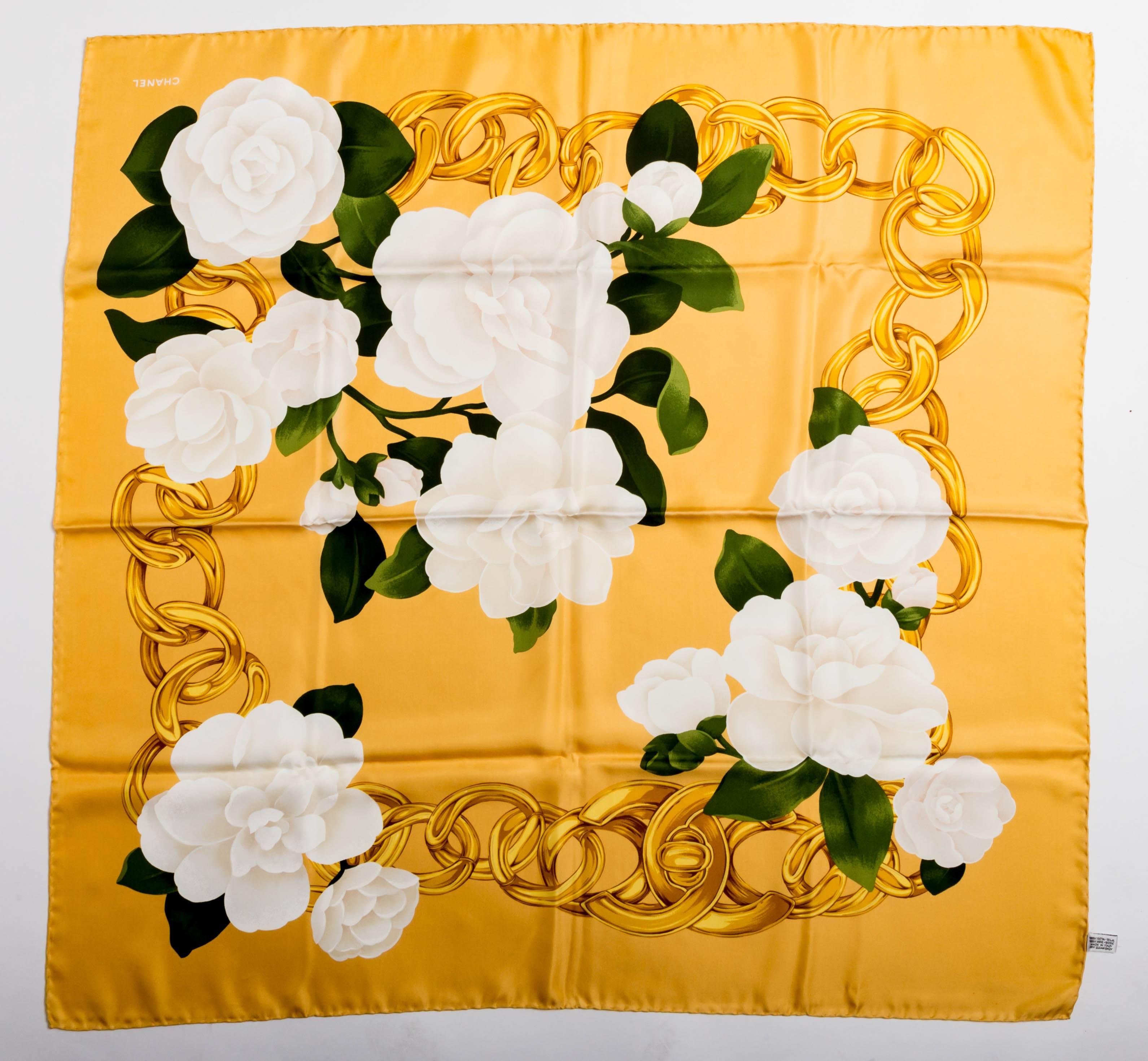 Chanel Gold and White Camellia Silk Scarf In Excellent Condition In Westhampton Beach, NY