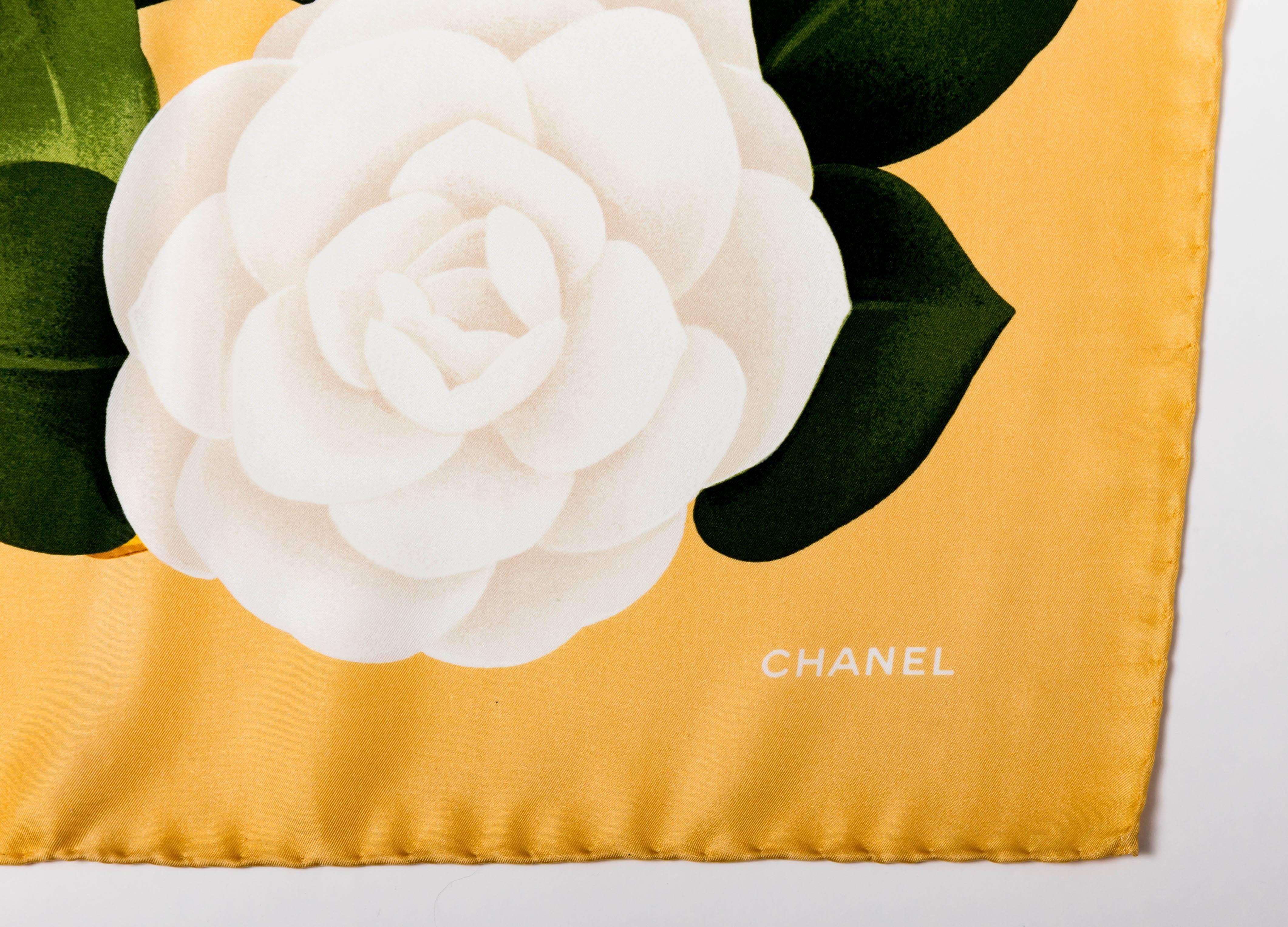 Women's Chanel Gold and White Camellia Silk Scarf