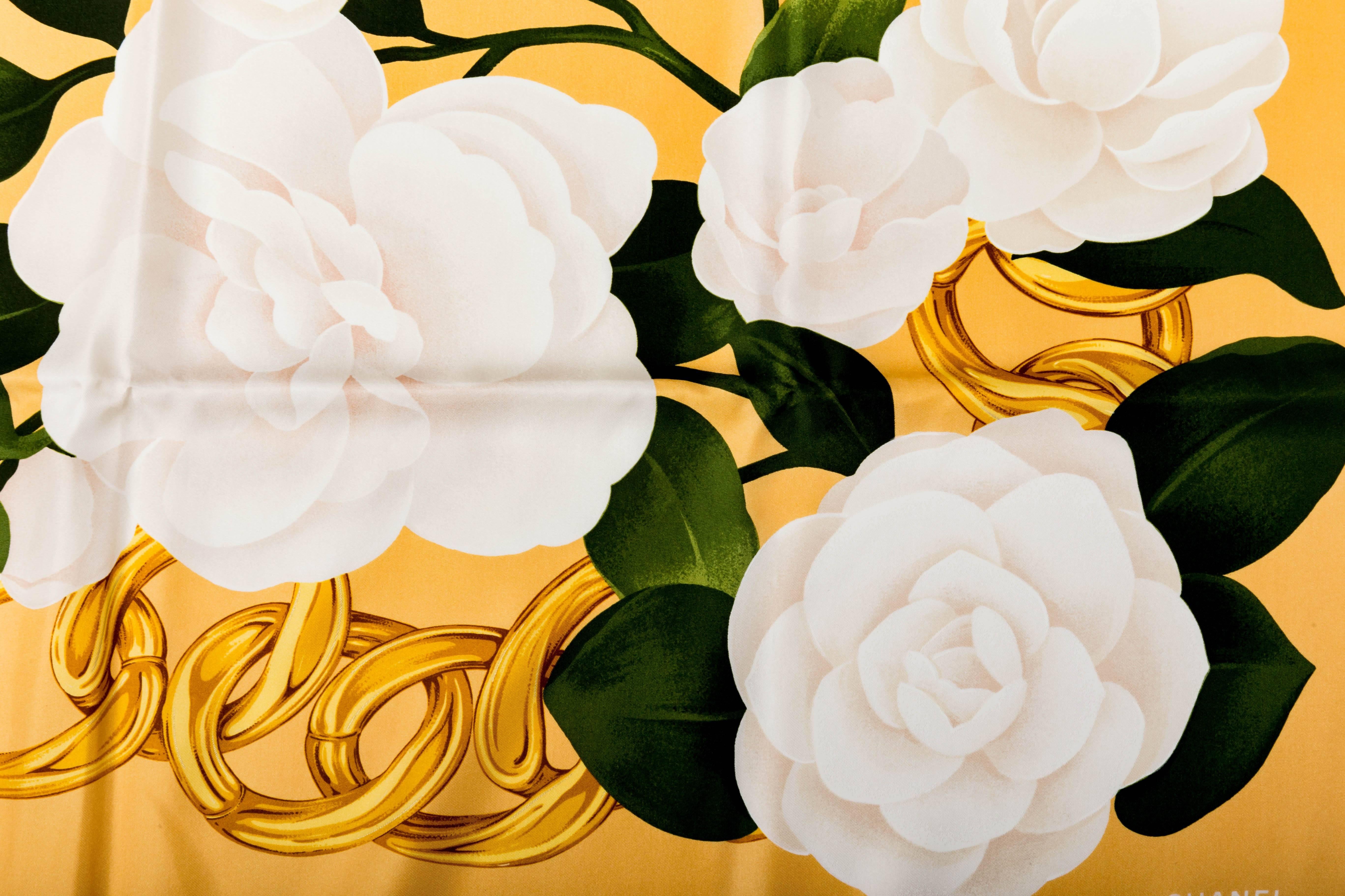 Chanel Gold and White Camellia Silk Scarf 1