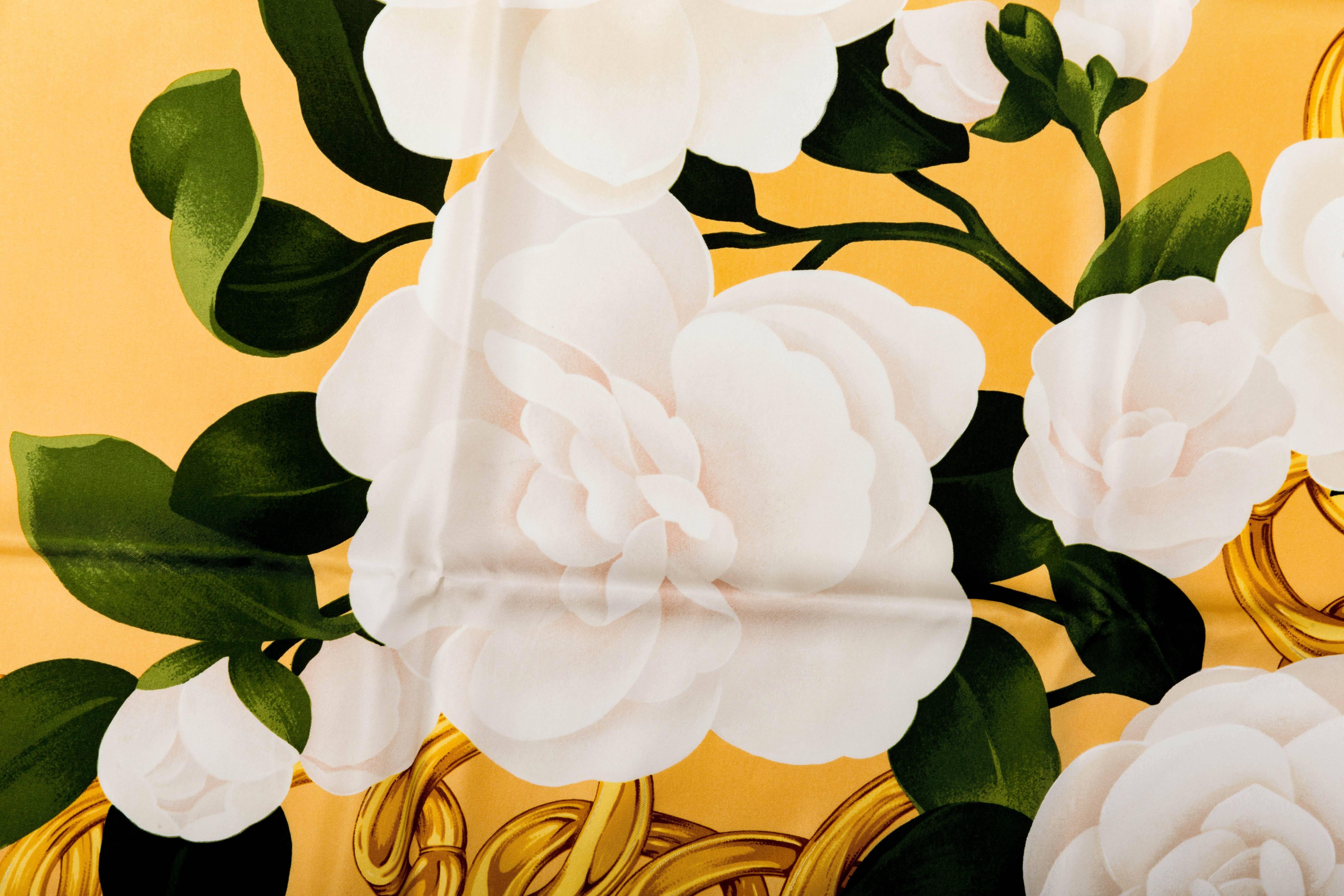 Chanel Gold and White Camellia Silk Scarf 2