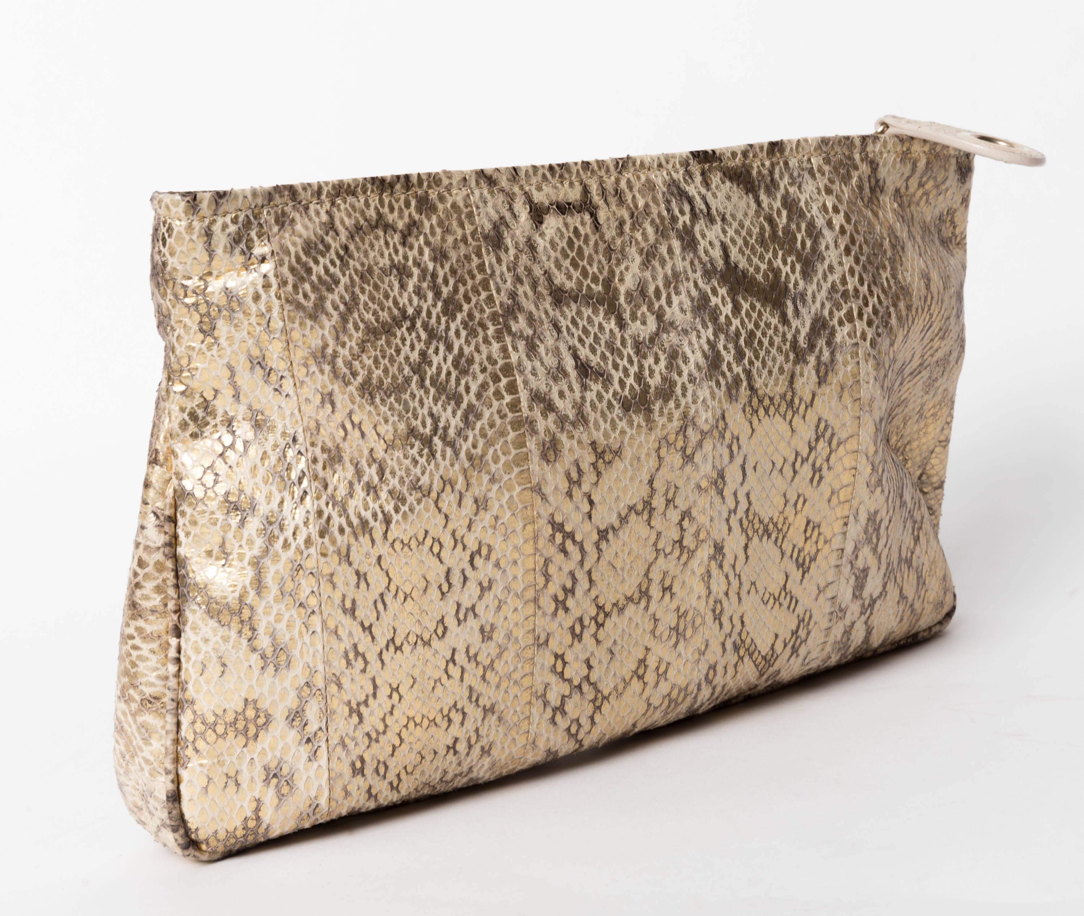 Jimmy Choo Gold and Tan Snakeskin Clutch with Horsebit Accents In Good Condition In Westhampton Beach, NY