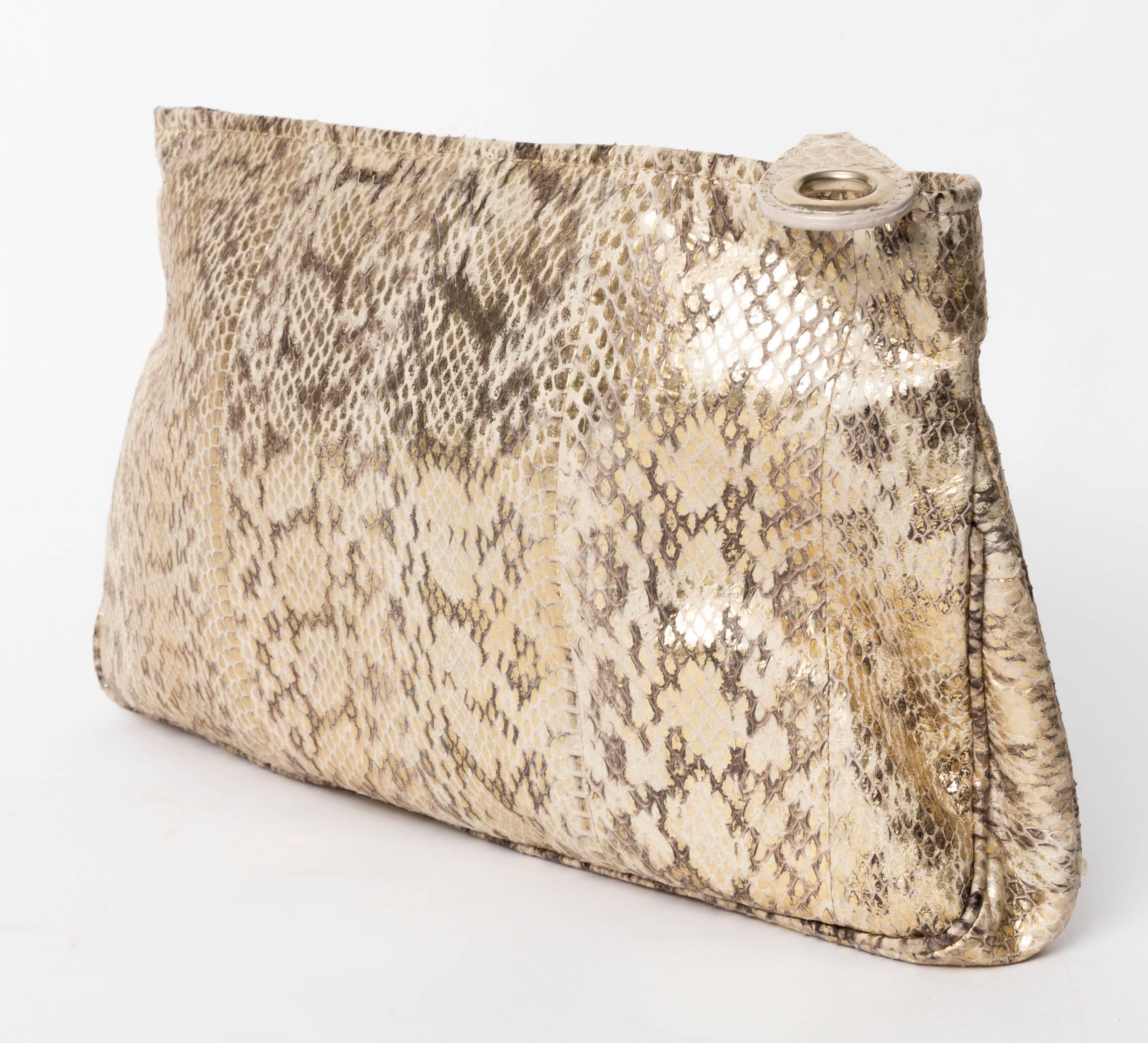 Women's Jimmy Choo Gold and Tan Snakeskin Clutch with Horsebit Accents