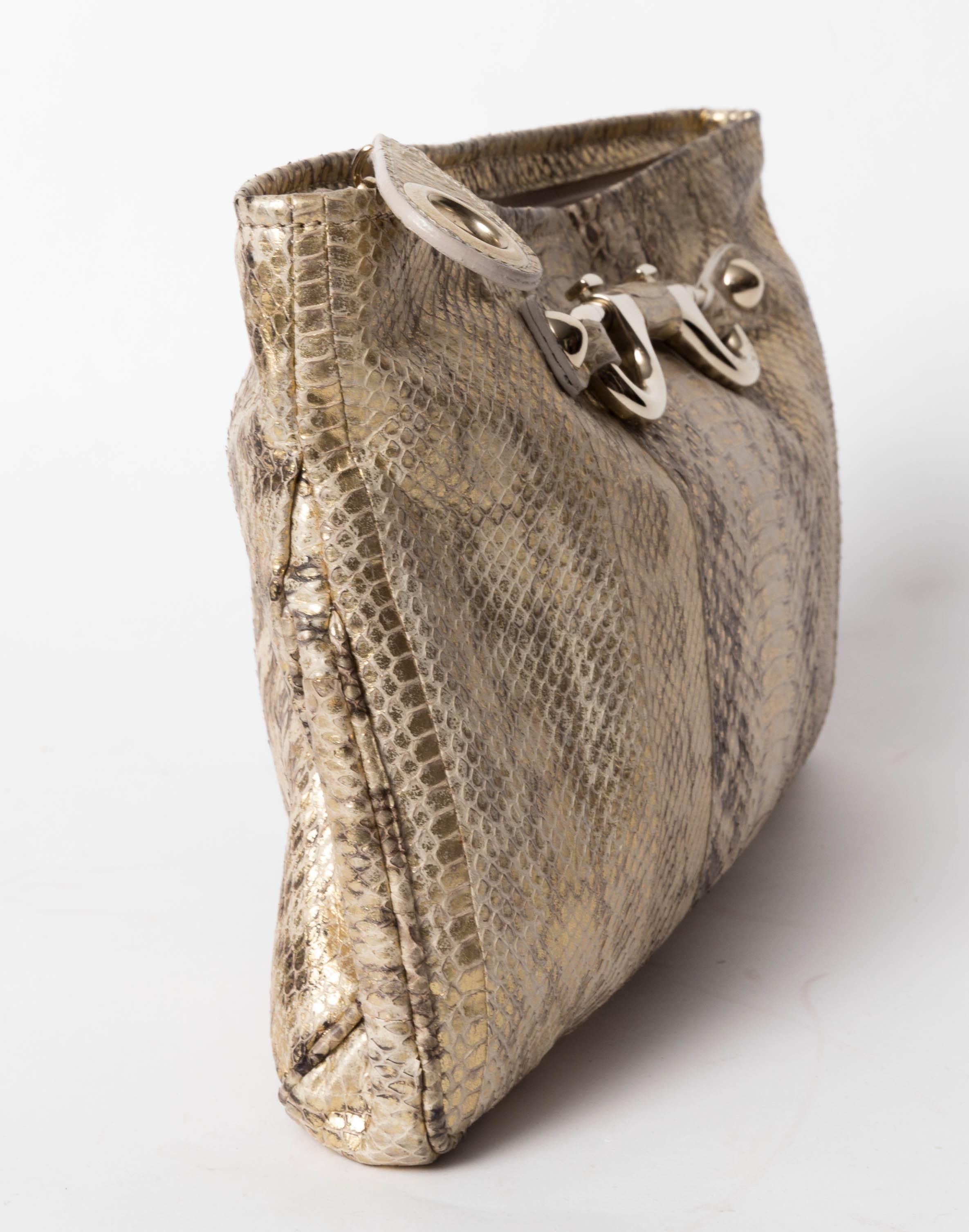 Jimmy Choo Gold and Tan Snakeskin Clutch with Horsebit Accents 1