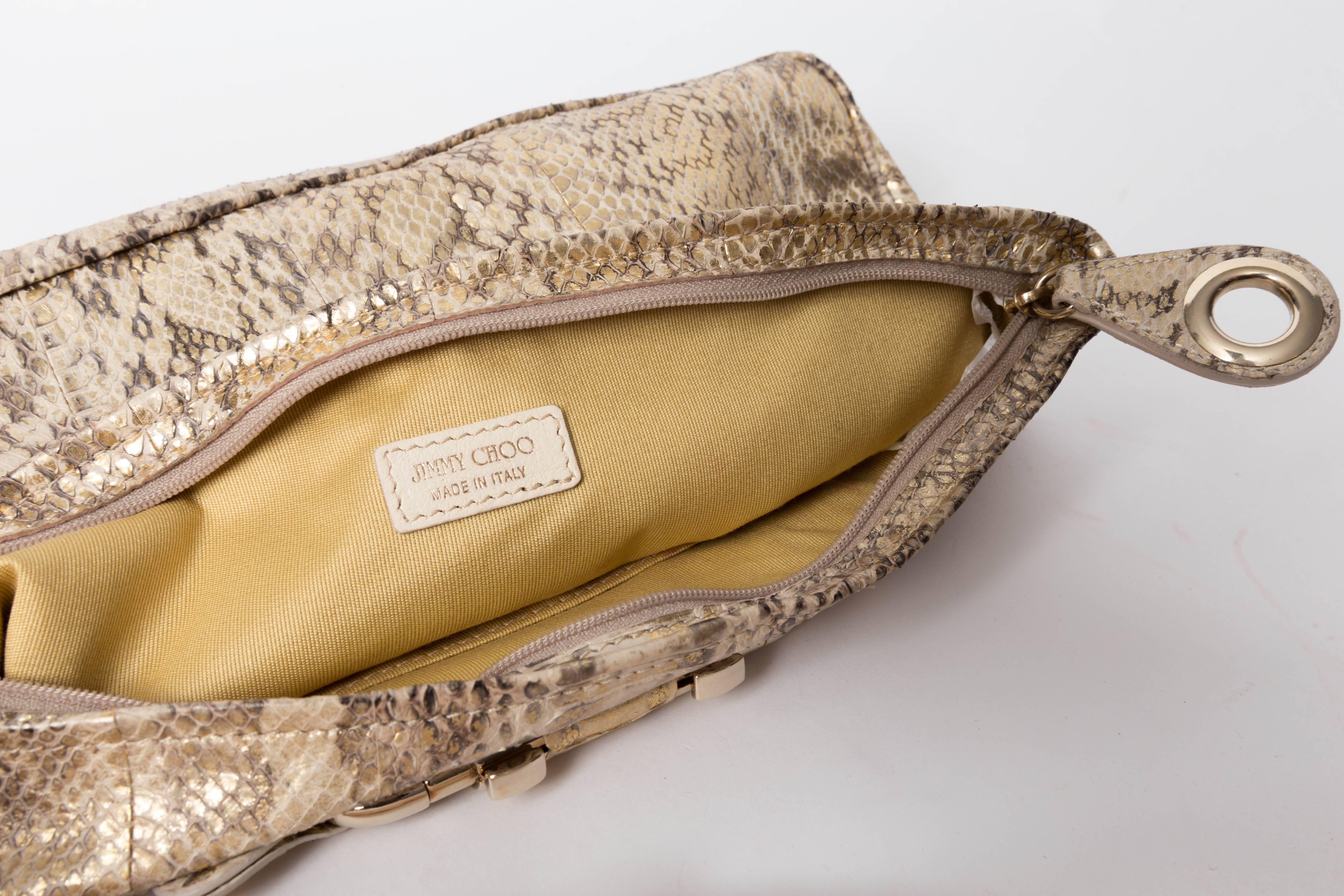 Jimmy Choo Gold and Tan Snakeskin Clutch with Horsebit Accents 3