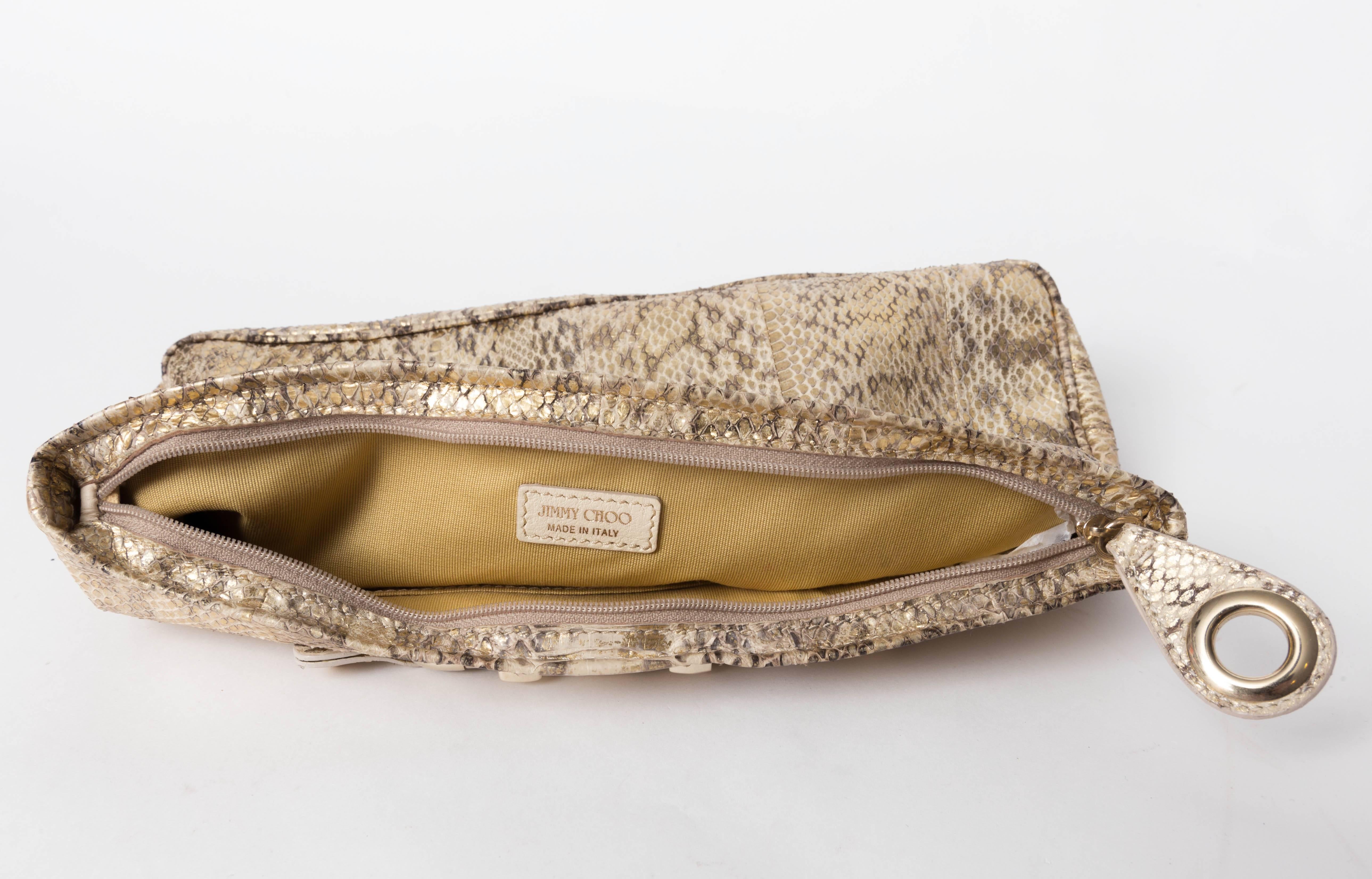 Jimmy Choo Gold and Tan Snakeskin Clutch with Horsebit Accents 4