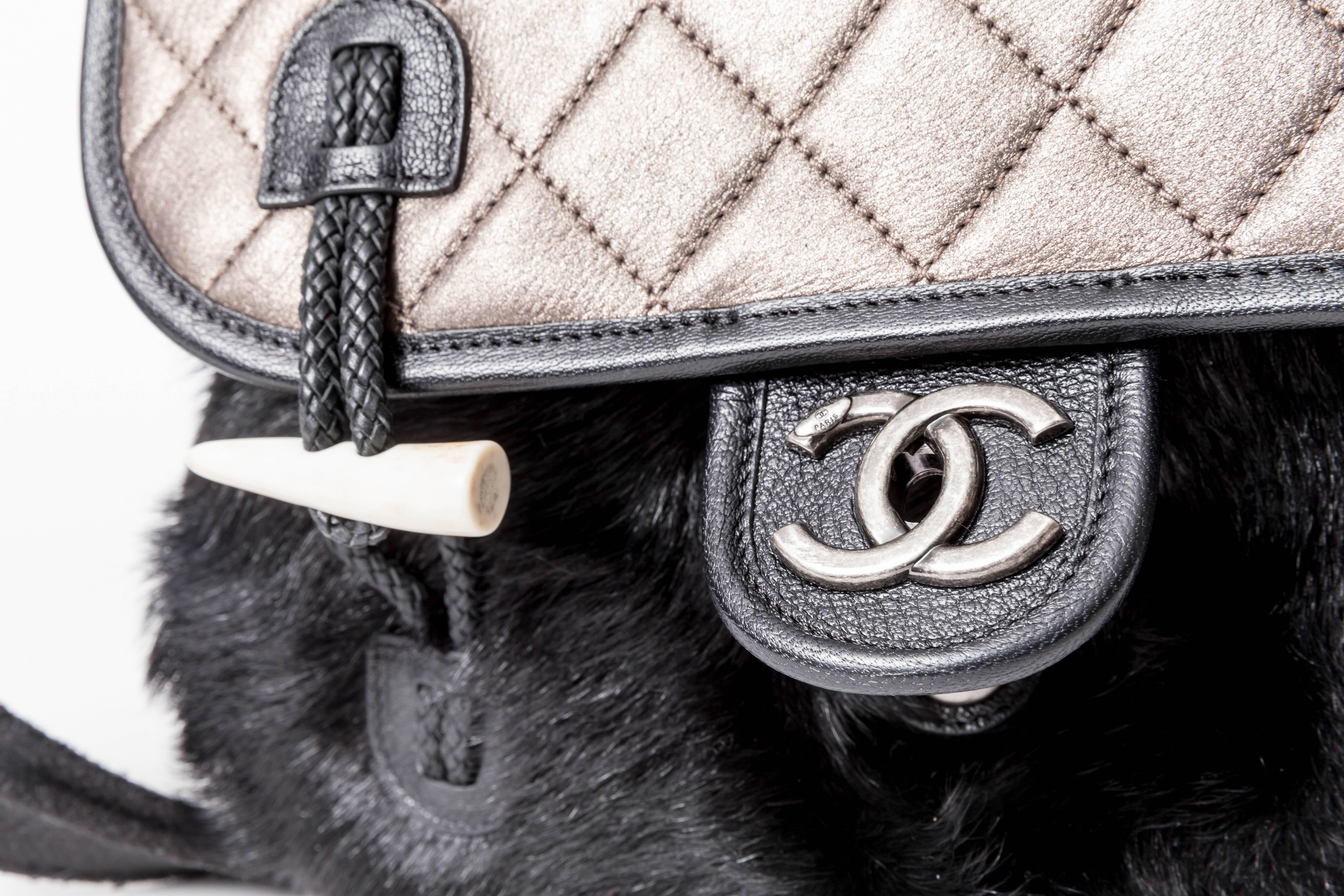 Chanel Limited Edition Pewter Leather Satchel with Mink Panel and Bone Toggles 3