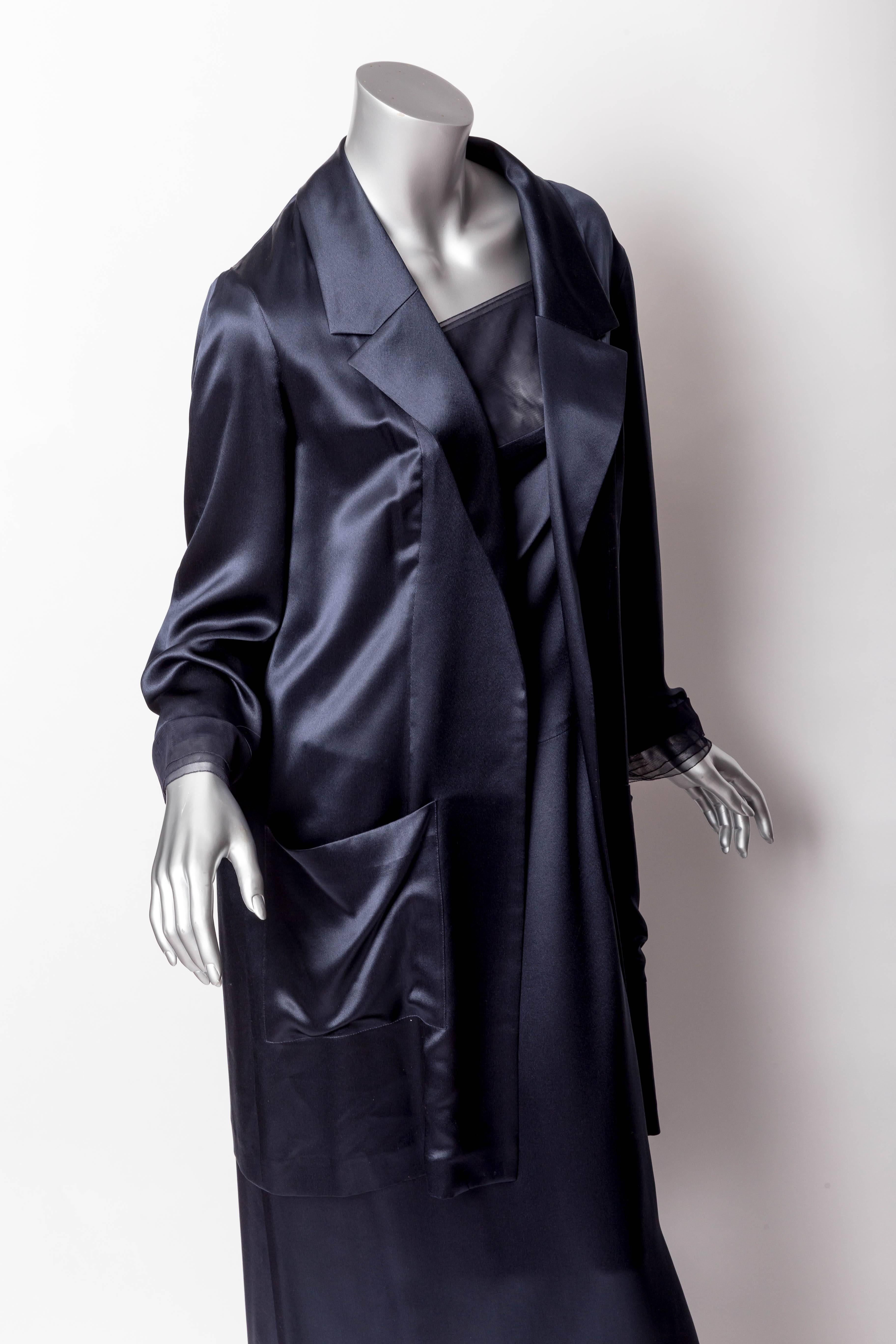 Chanel Dark Blue Silk and Tulle Long Dress with Kimono Style Jacket  For Sale 1