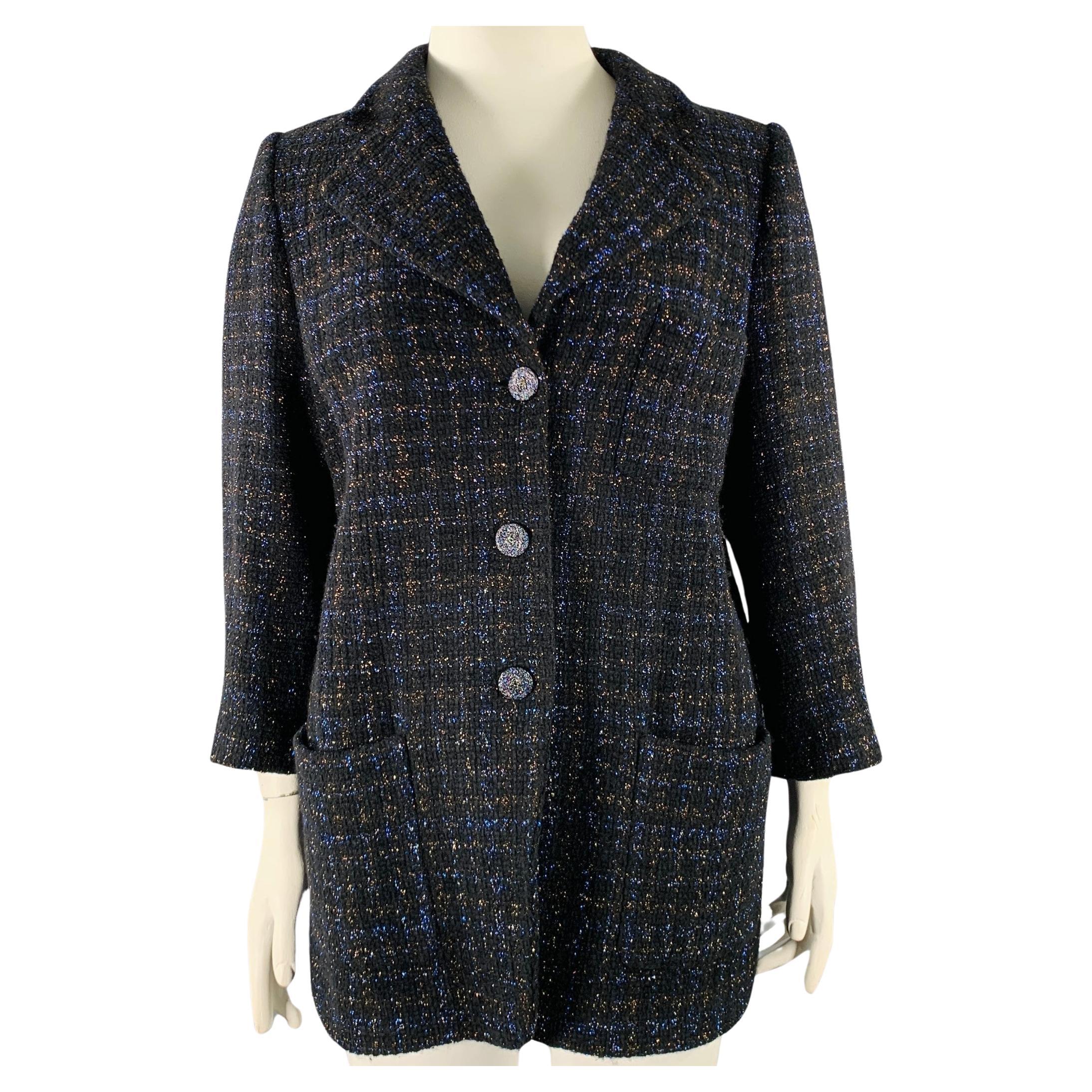 CHANEL Size 18 Black Navy Cotton Blend Shiny 3/4 Sleeves Coat For Sale