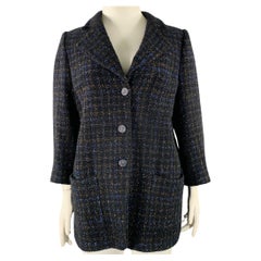 Used CHANEL Size 18 Black Navy Cotton Blend Shiny 3/4 Sleeves Coat