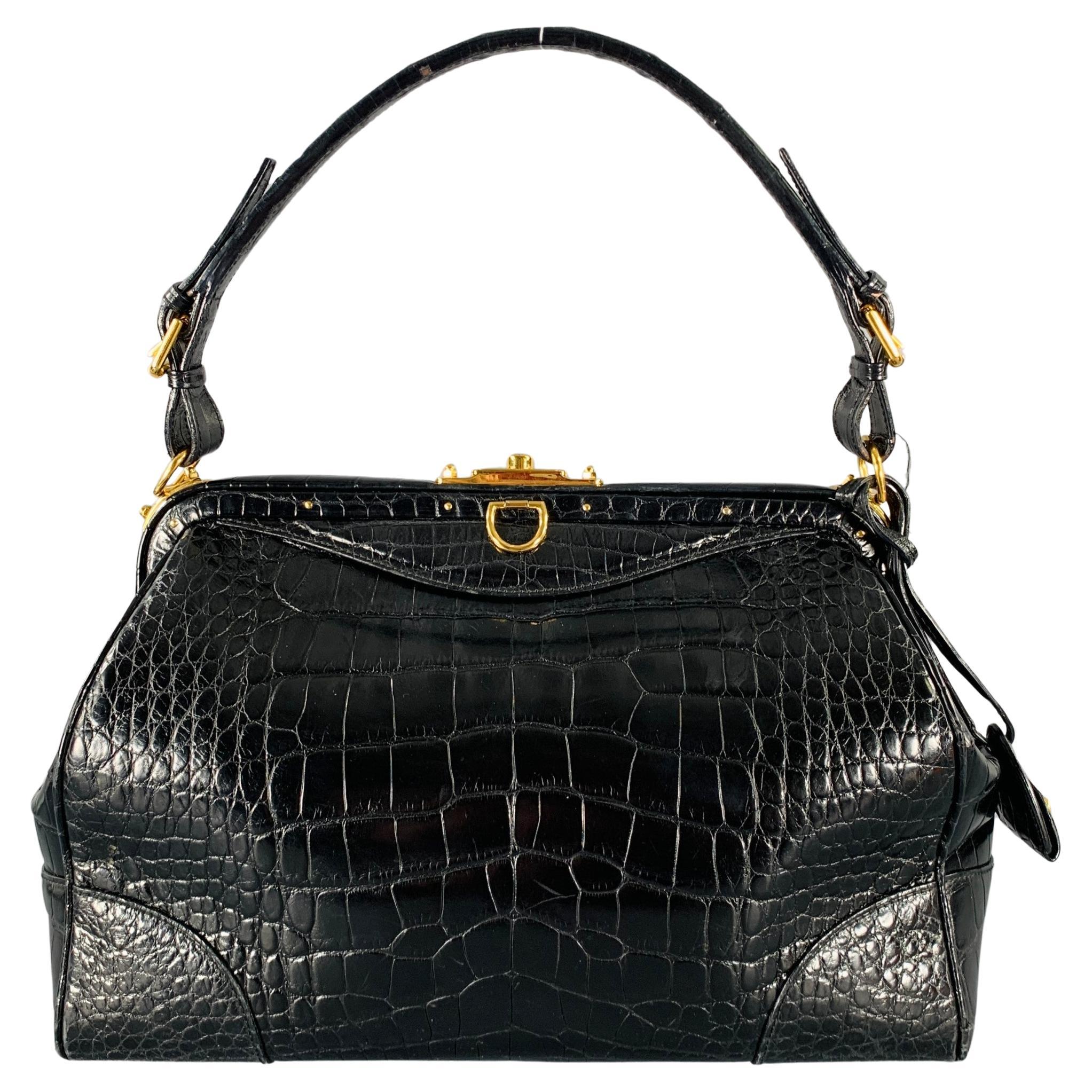 RALPH LAUREN COLLECTION Black Gold Alligator Doctor Handbag For Sale