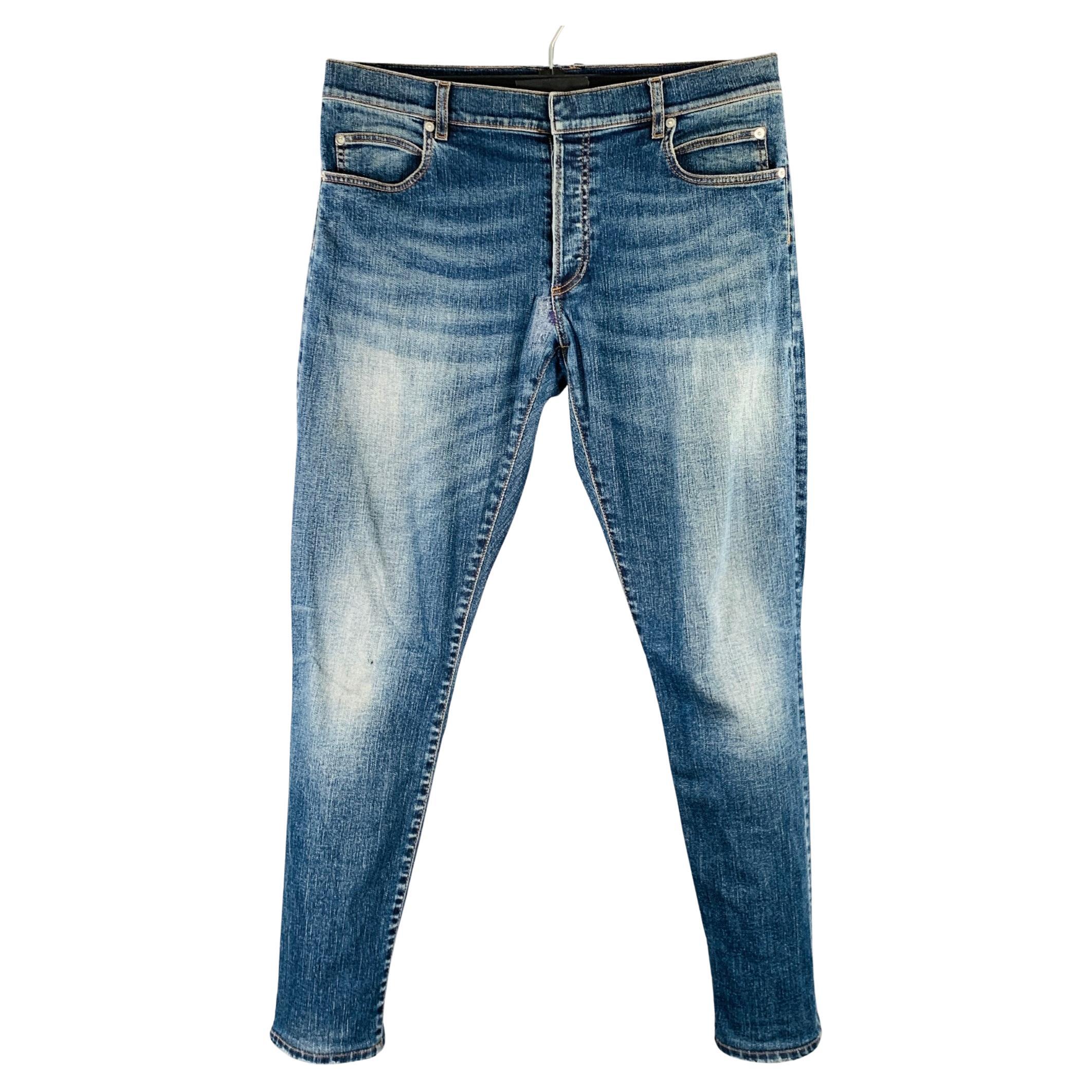 BALMAIN Size 32 Blue Contrast Stitch Cotton Blend Button Fly Jeans For Sale