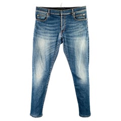 BALMAIN Size 32 Blue Contrast Stitch Cotton Blend Button Fly Jeans