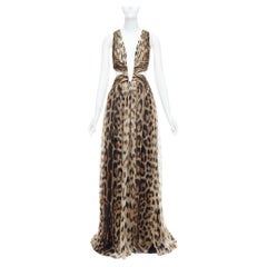 ROBERTO CAVALLI 2014 Runway brown leopard 100% silk cut out gown IT40 S