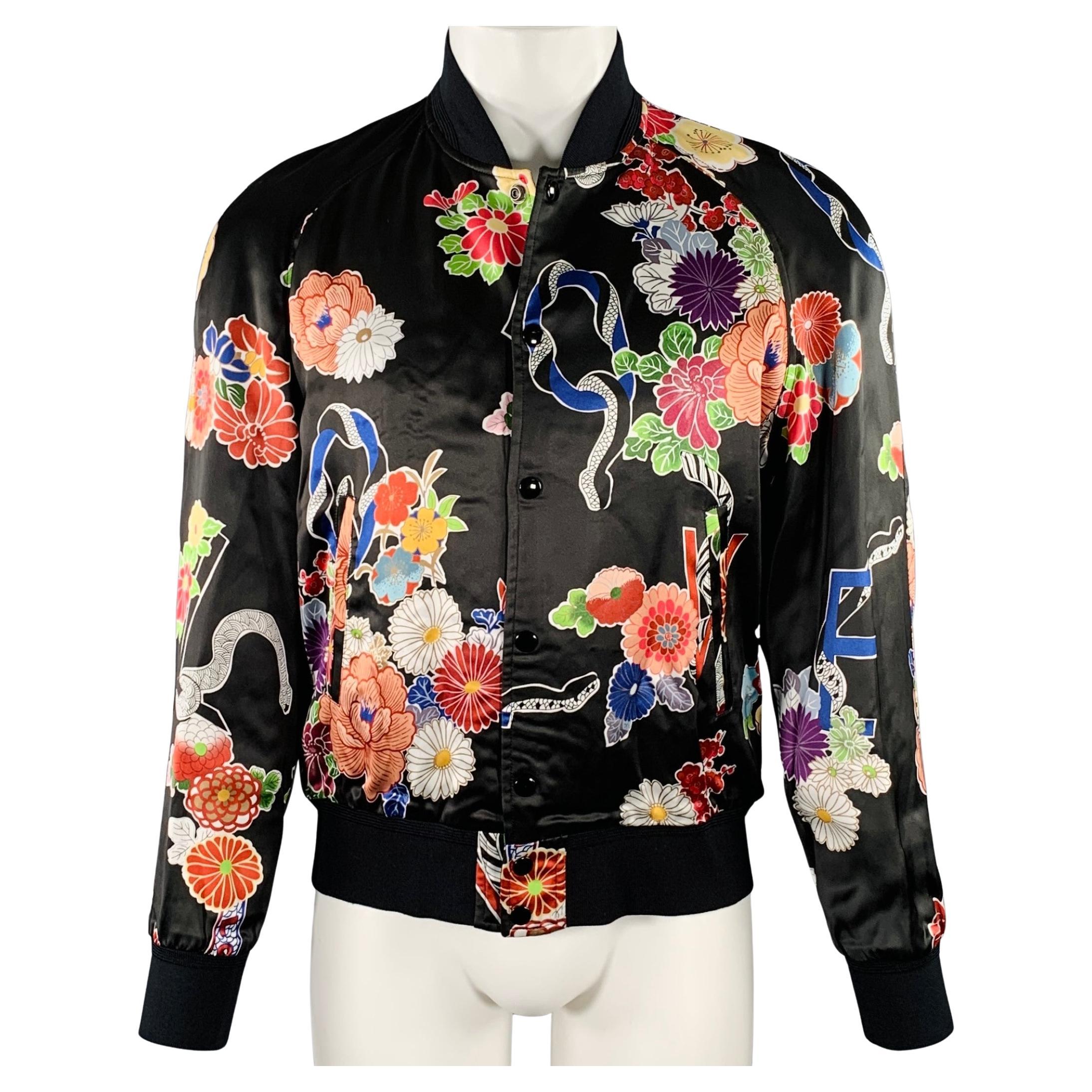 SAINT LAURENT Größe 40 Schwarze mehrfarbige Jacke aus Viskose mit Blumenmuster und Varsity