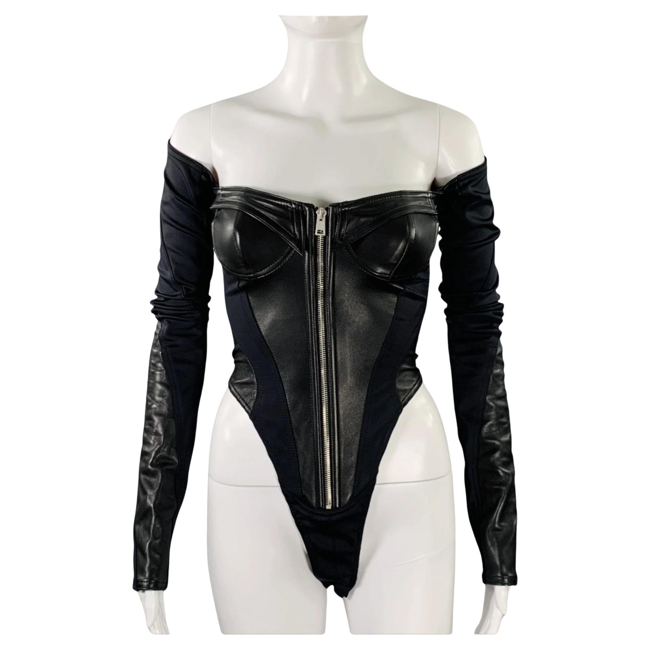 MUGLER Size 2 Black Lambskin Nylon Blend Bodysuit For Sale