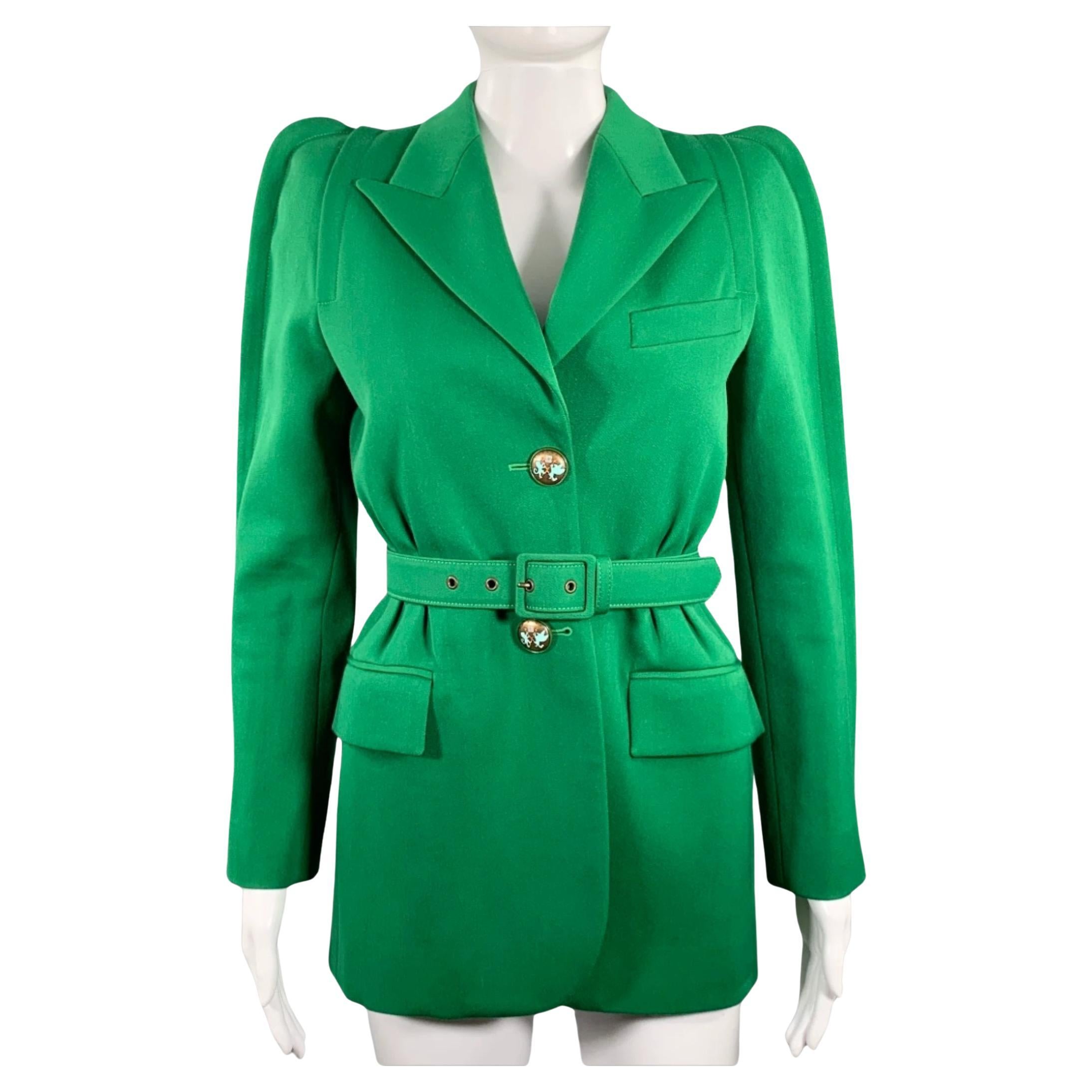 GIVENCHY Größe 4 Grüne einreihige Jacke mit Gürtel aus Polyester und Wolle mit Gürtel