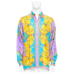 GIANNI VERSACE 1995 Vitnage 100% silk purple yellow leopard barocco shirt IT48 M