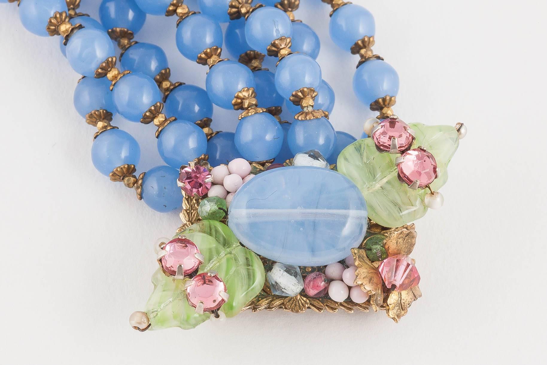 Women's Miriam Haskell hyacinth blue beaded wide bracelet, 1960s