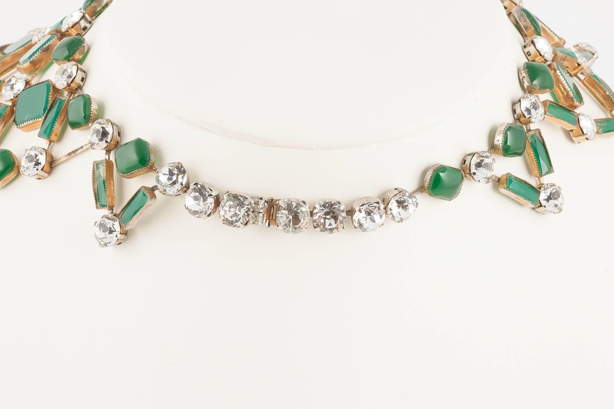 Women's Kenneth Jay Lane green glass and clear paste collar necklace, 1960s 