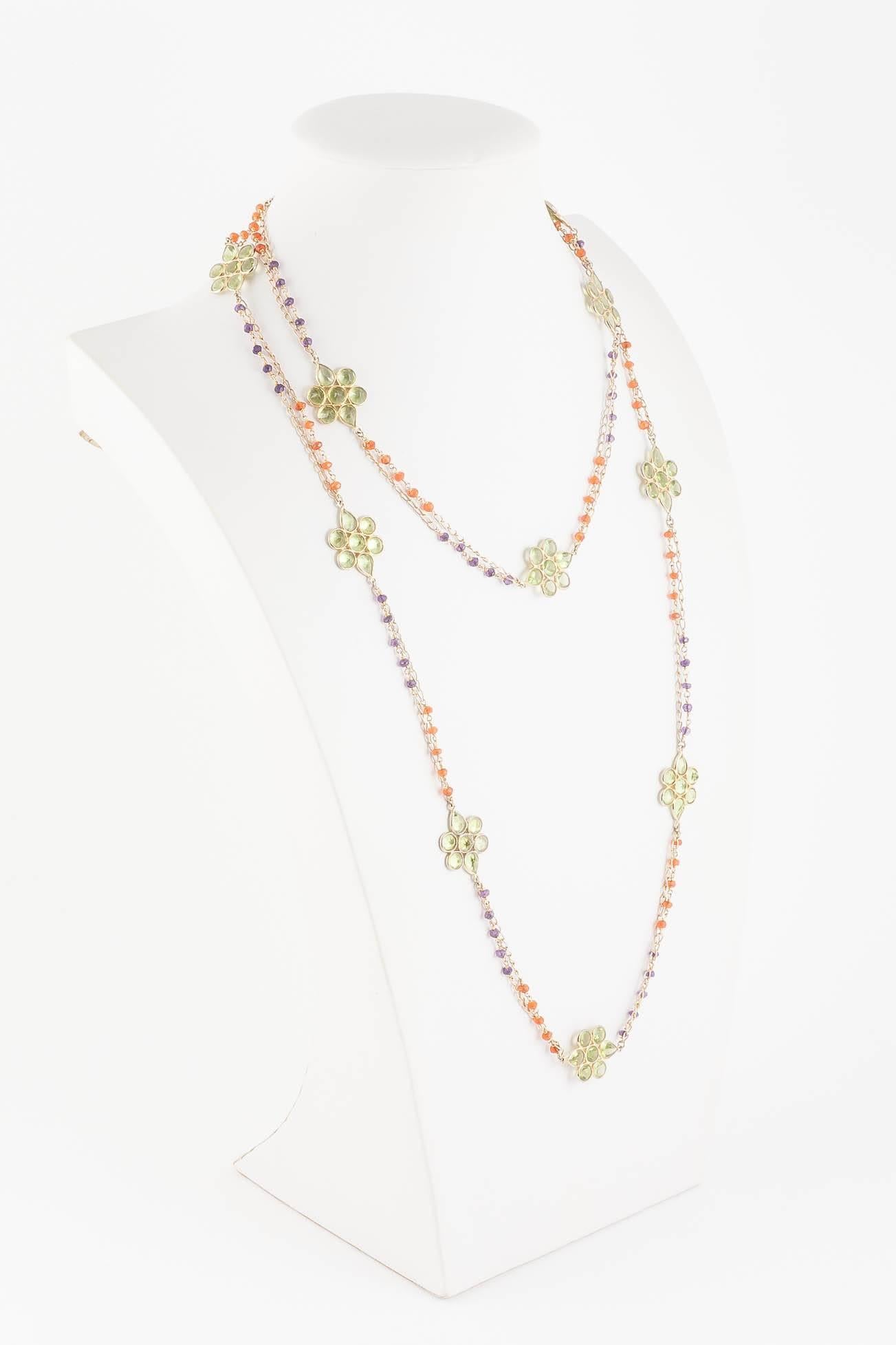 Hand made silver gilt and peridot, carnelian and amethyst sautoir necklace  In Excellent Condition In Greyabbey, County Down