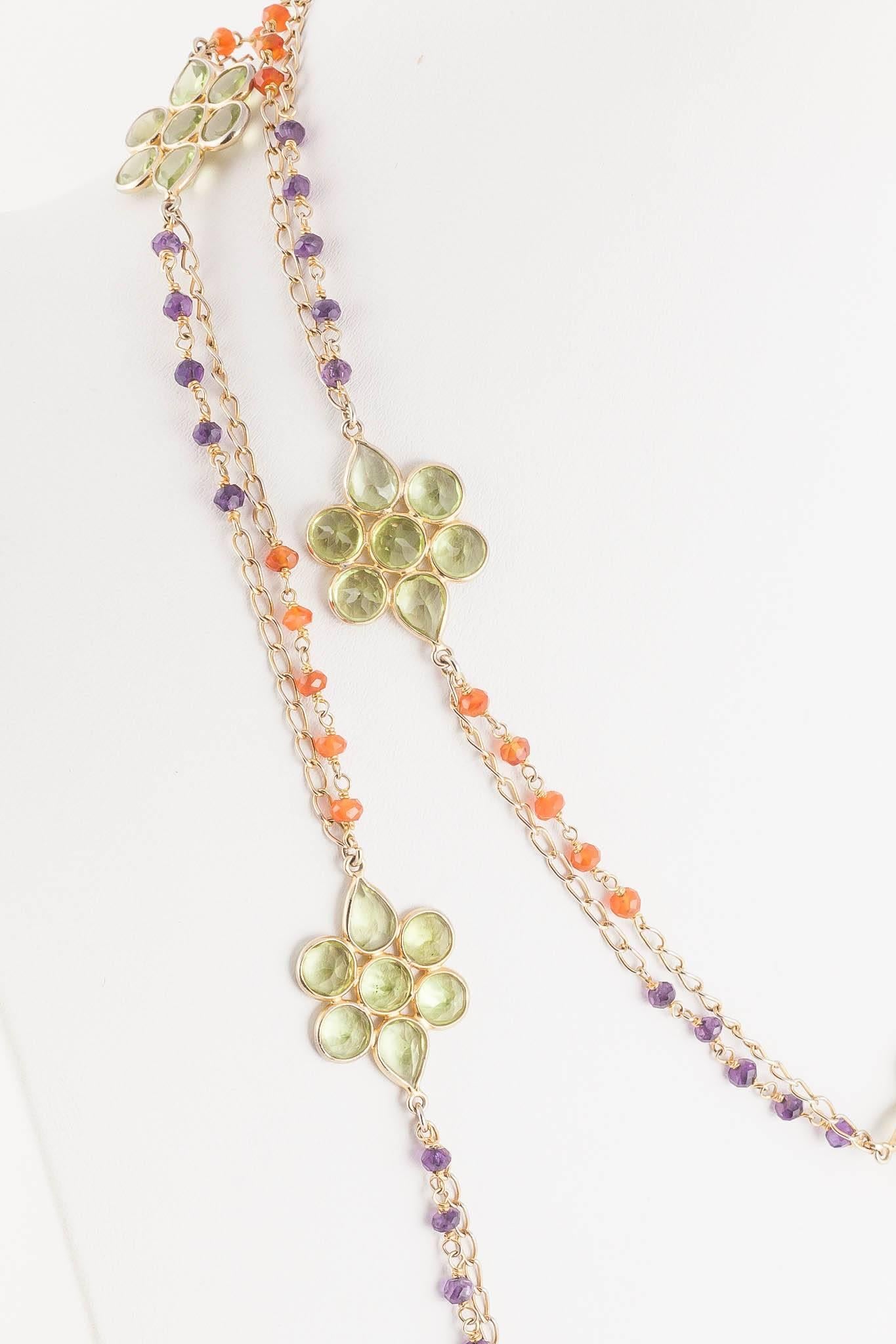 Women's Hand made silver gilt and peridot, carnelian and amethyst sautoir necklace 