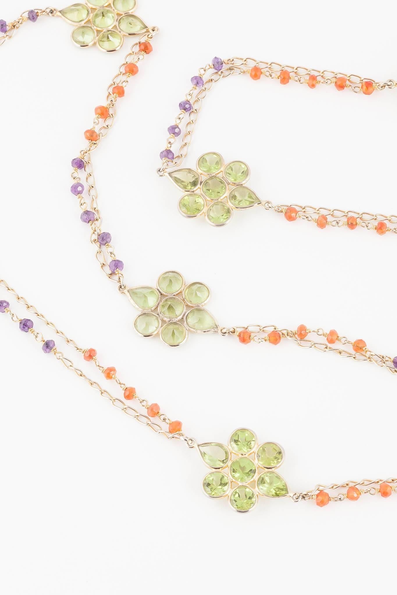 Hand made silver gilt and peridot, carnelian and amethyst sautoir necklace  3