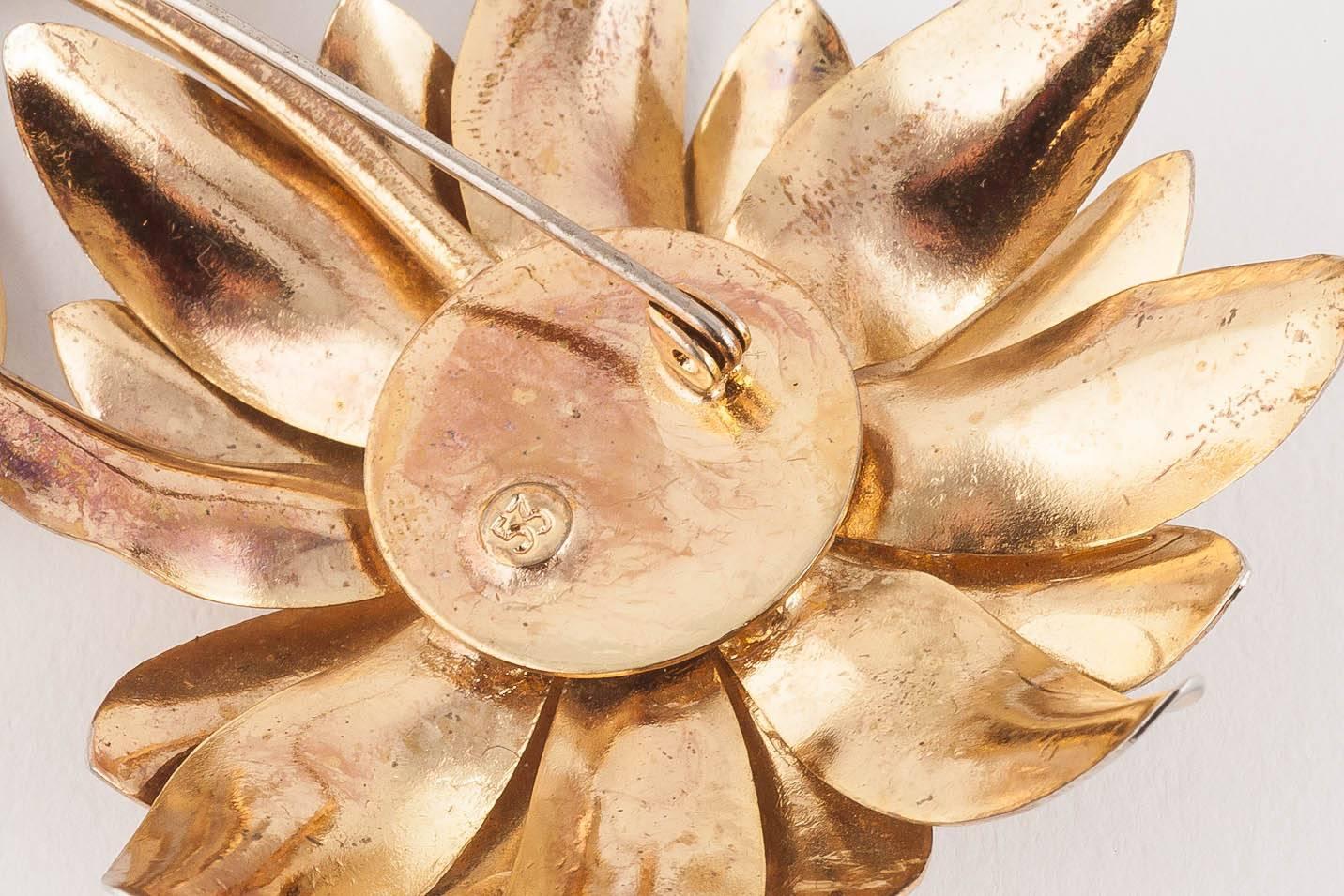 A striking pair of gilt metal Austrian 'flower' brooches, 1950s. For Sale 3
