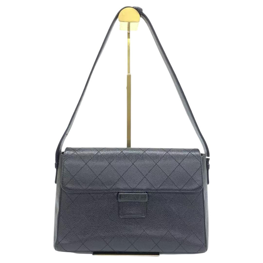 Chanel So Black Caviar Shoulder Bag Front Buckle Adjustable Strap