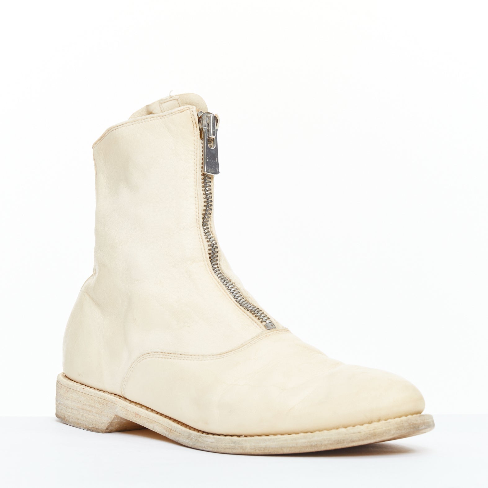 Guidi, stivali da combattimento con zip frontale argentata in pelle pieno fiore color crema EU39