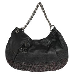 Chanel Black Tweed Leather Coco Pleats Hobo