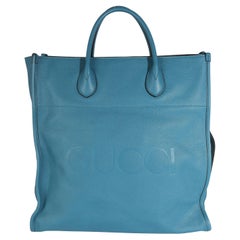 Gucci Tote in pelle blu con logo in rilievo