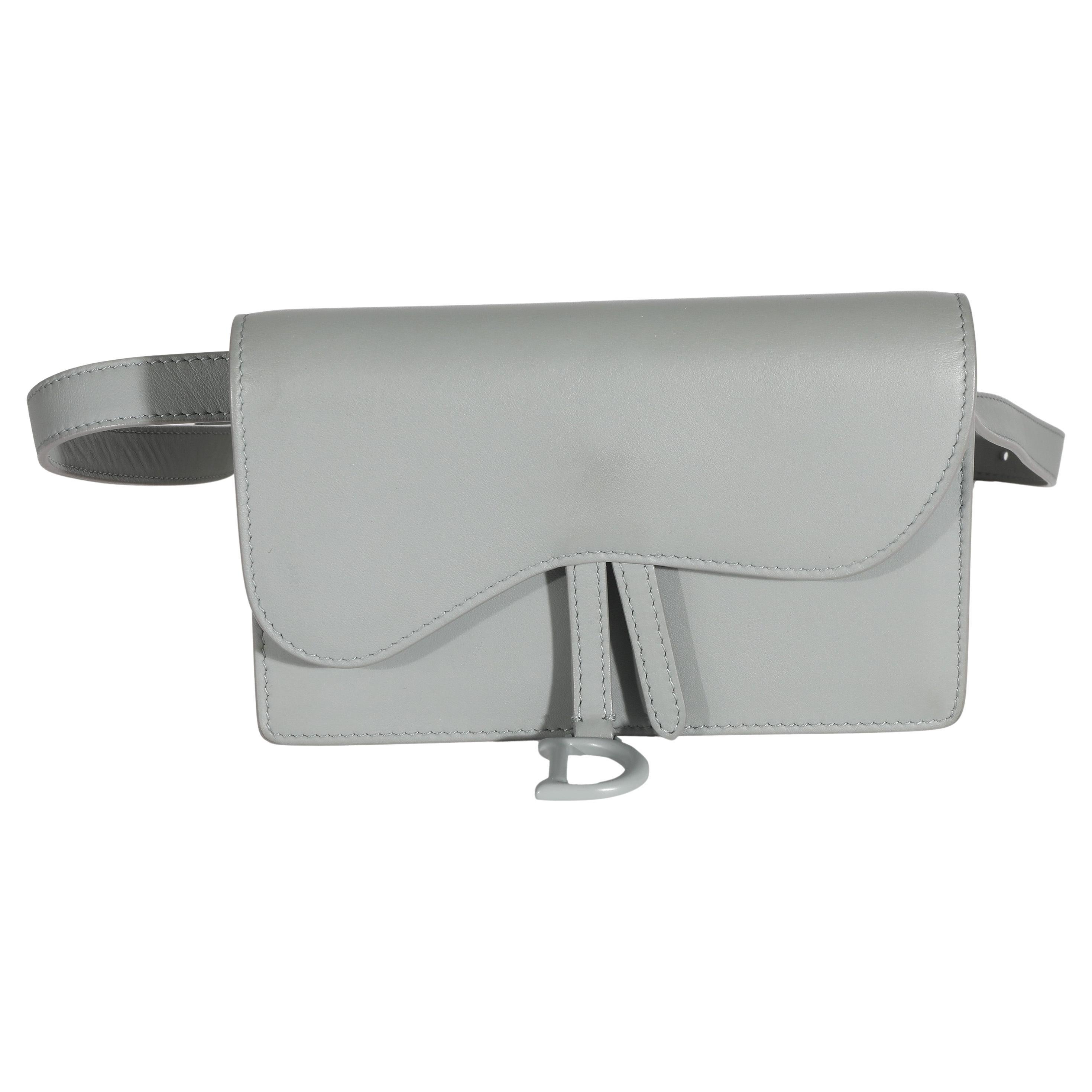Christian Dior Grey Calfskin Saddle Belt Pouch For Sale