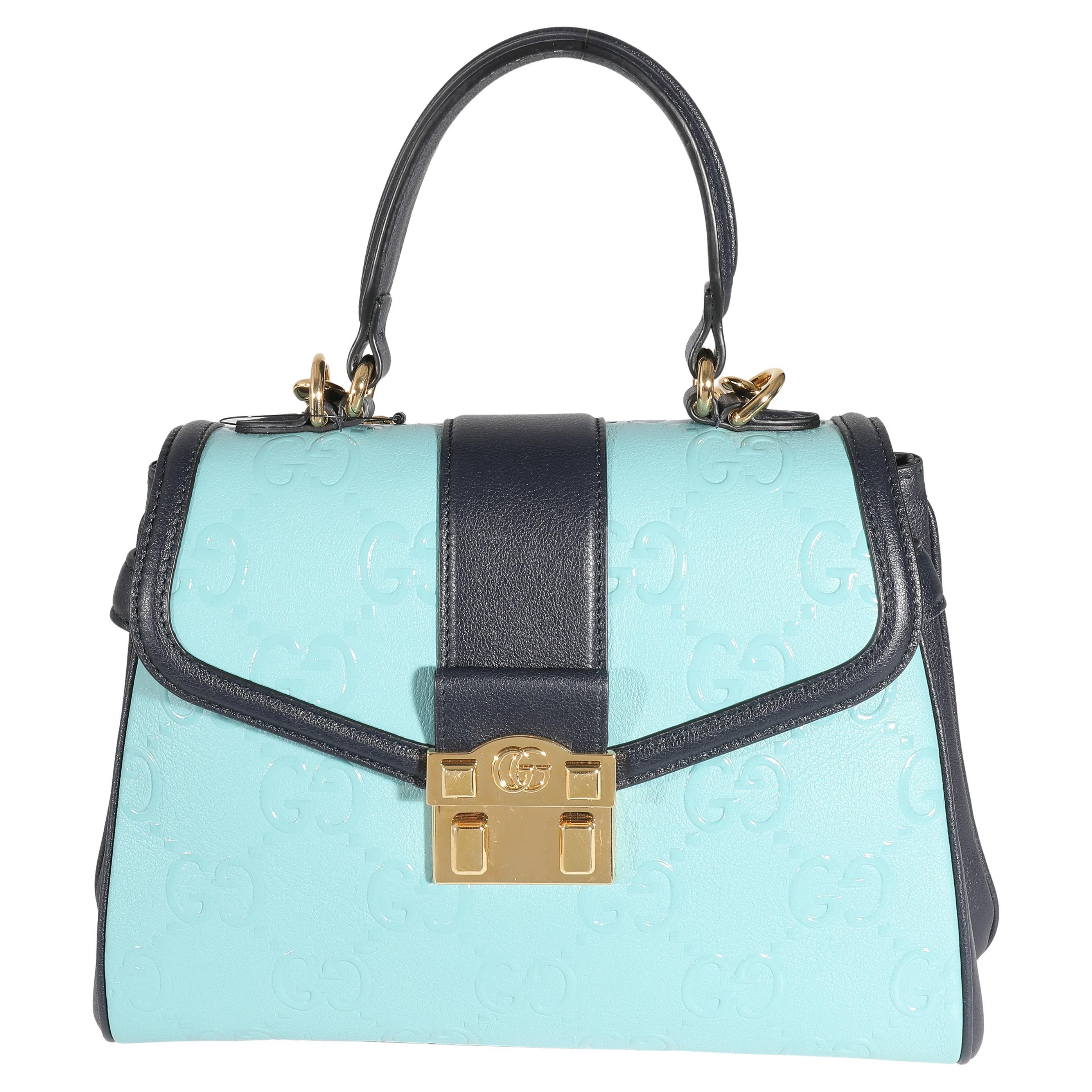 Gucci Blue Wonka Grain Calfskin GG Monogram Top Handle Bag