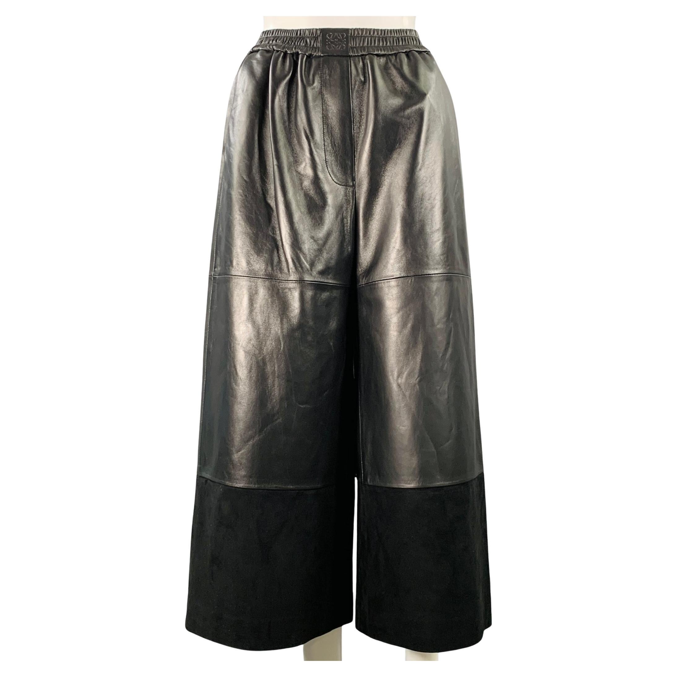 LOEWE Size XS Black Lambskin Leather Goat Suede Wide Leg Dress Pants For Sale