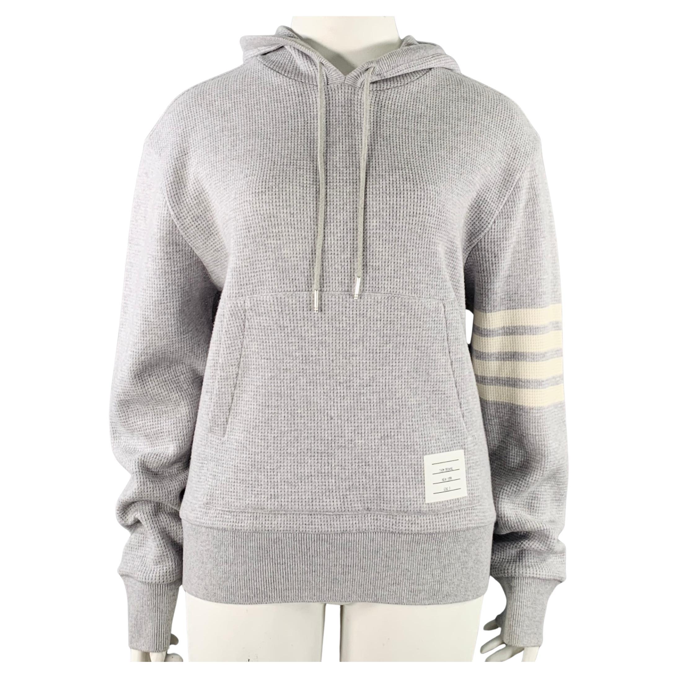 THOM BROWNE Size XL Grey Cream Cashmere Wool Waffle Hoodie Casual Top For Sale