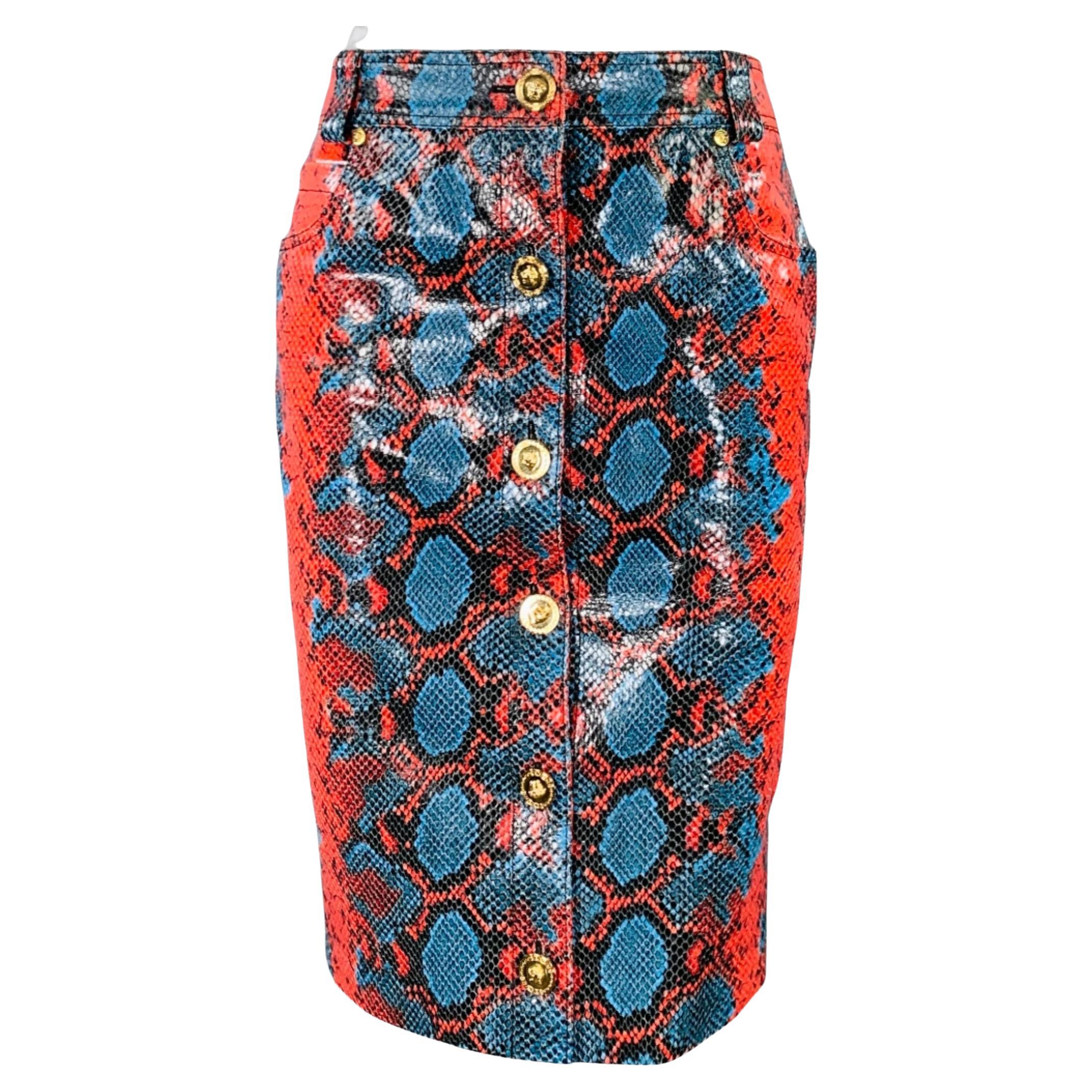 VERSACE Size S Red Blue Leather Snake Embossed Pencil Skirt For Sale