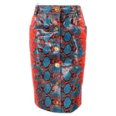 VERSACE Size S Red Blue Leather Snake Embossed Pencil Skirt