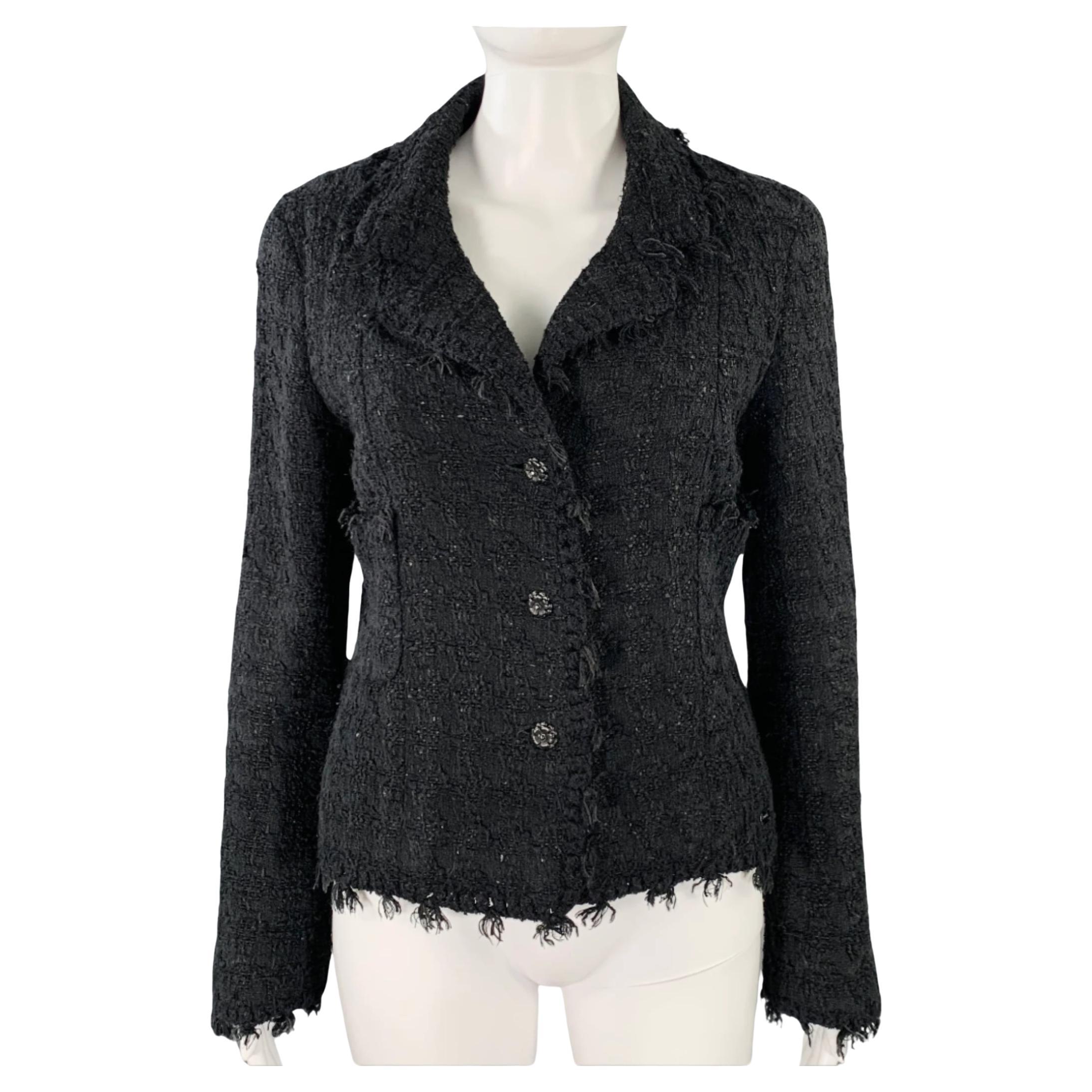 CHANEL Size 4 Black Cotton Blend Boucle Single Breasted Jacket Blazer For Sale