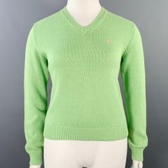 RALPH LAUREN Talla L Jersey verde de punto de algodón con cuello en V