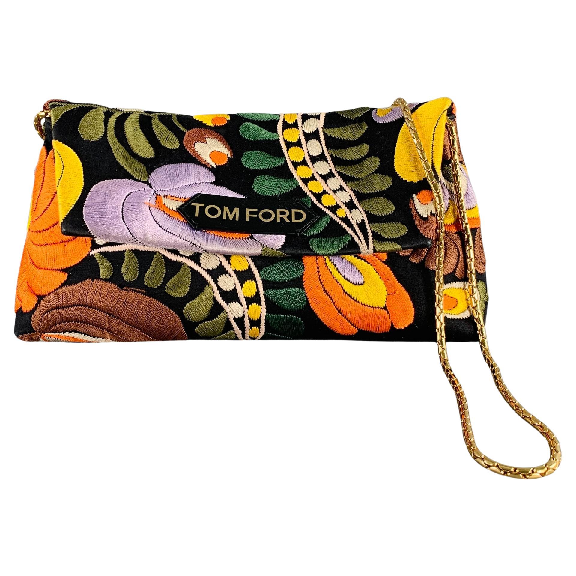 TOM FORD Black Multi Color Embroidered Leather Handbag