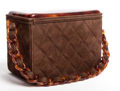 Vintage Chanel Quilted Brown Suede Handbag with Tortoiseshell Chain