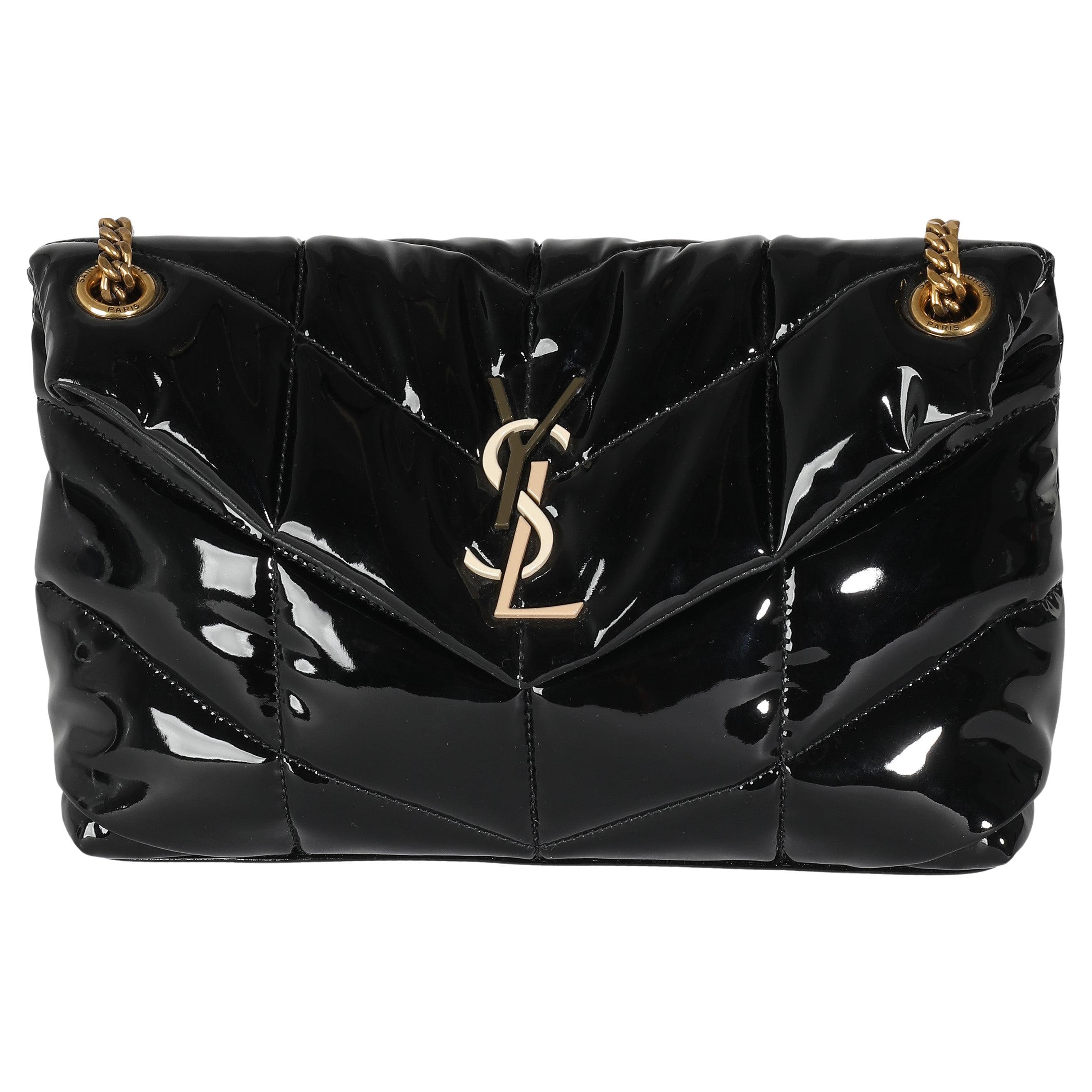 Saint Laurent Black Quilted Patent Small Lou Puffer Chain Bag For Sale