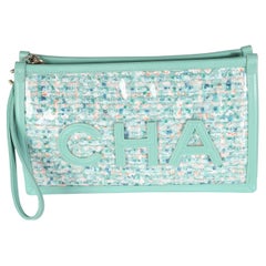 Chanel Verde Tweed PVC Piel de cordero Chanel Logo Bolsa de pulsera