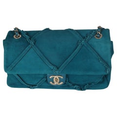 Chanel Teal Suede Goatskin Diamond Fringe Medium Flap Bag