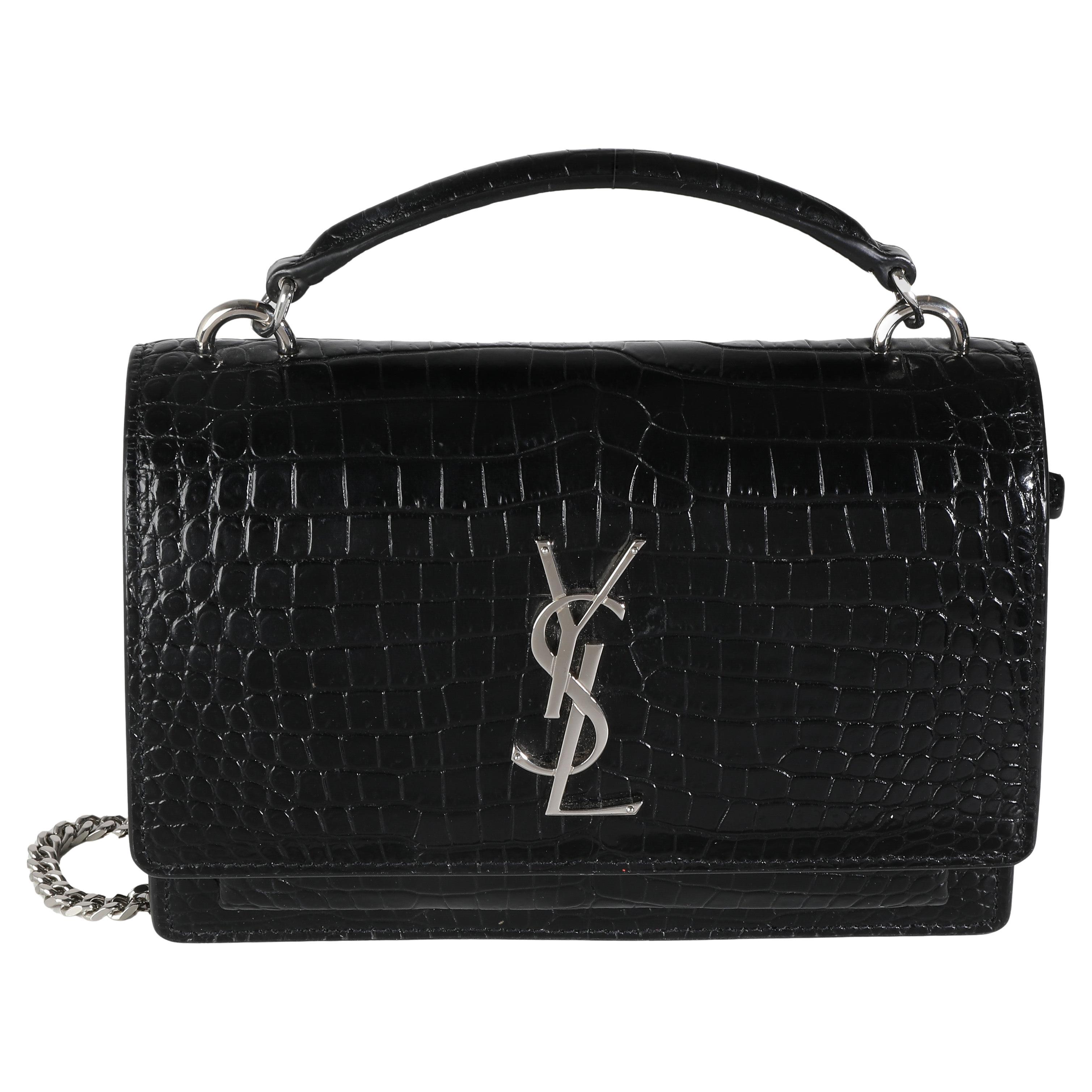 Saint Laurent Black Shiny Croc Embossed Sunset Chain Wallet For Sale
