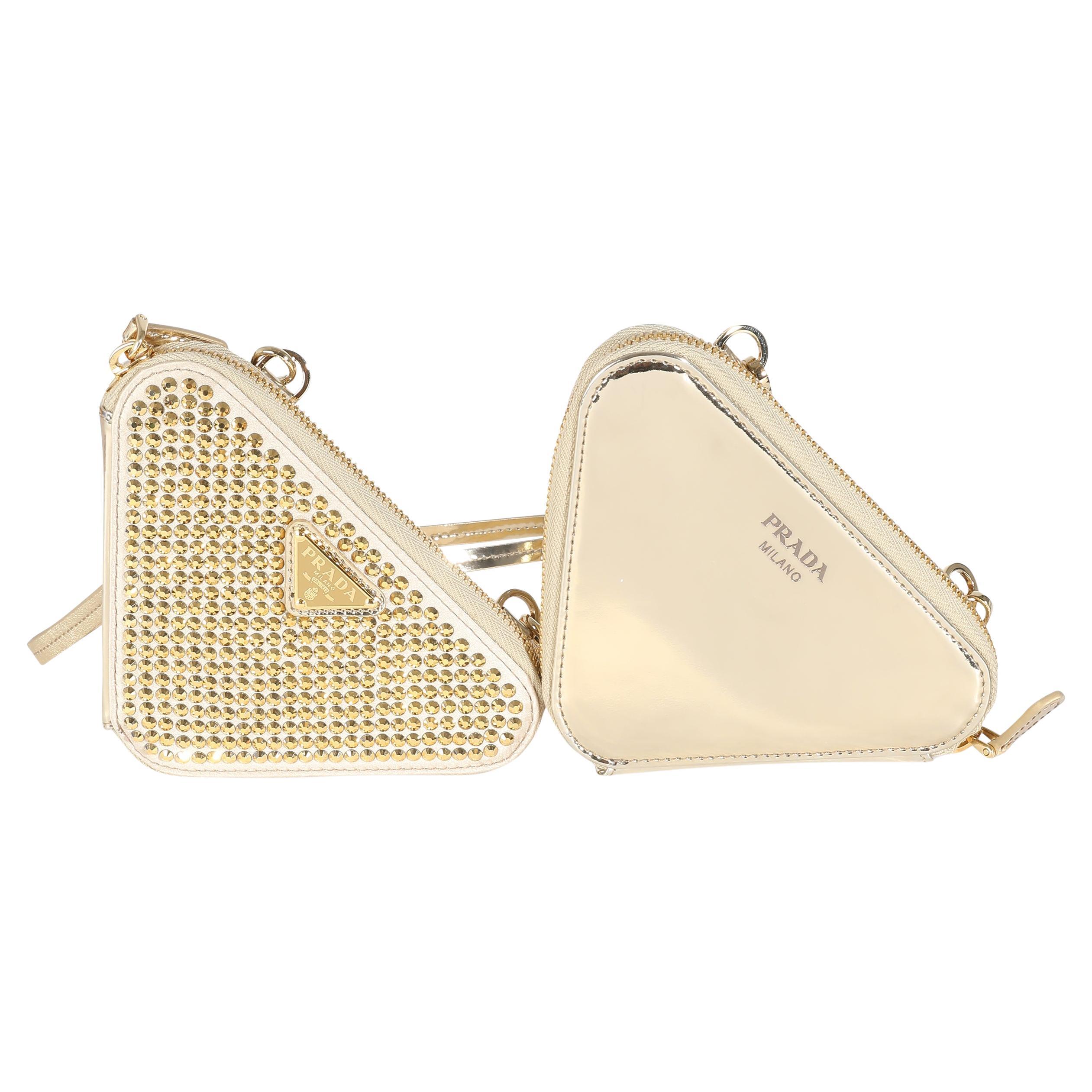 Prada Gold Satin Crystal Embellished Mini Triangular Pouch
