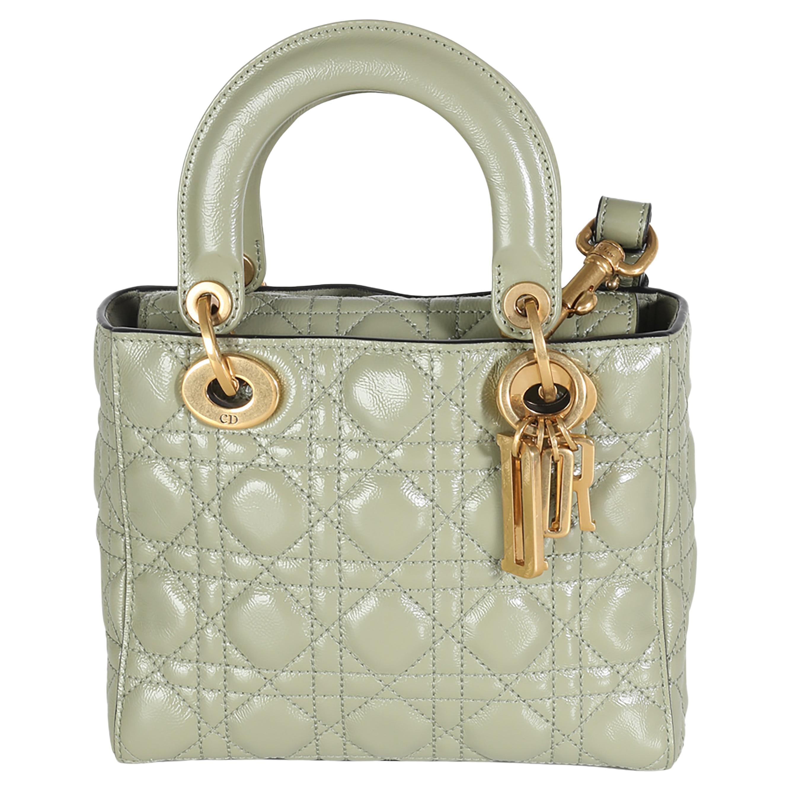 Christian Dior Grüne Miniatur Cannage Lucky Badges My Lady Dior Tasche aus geknittertem Lackleder
