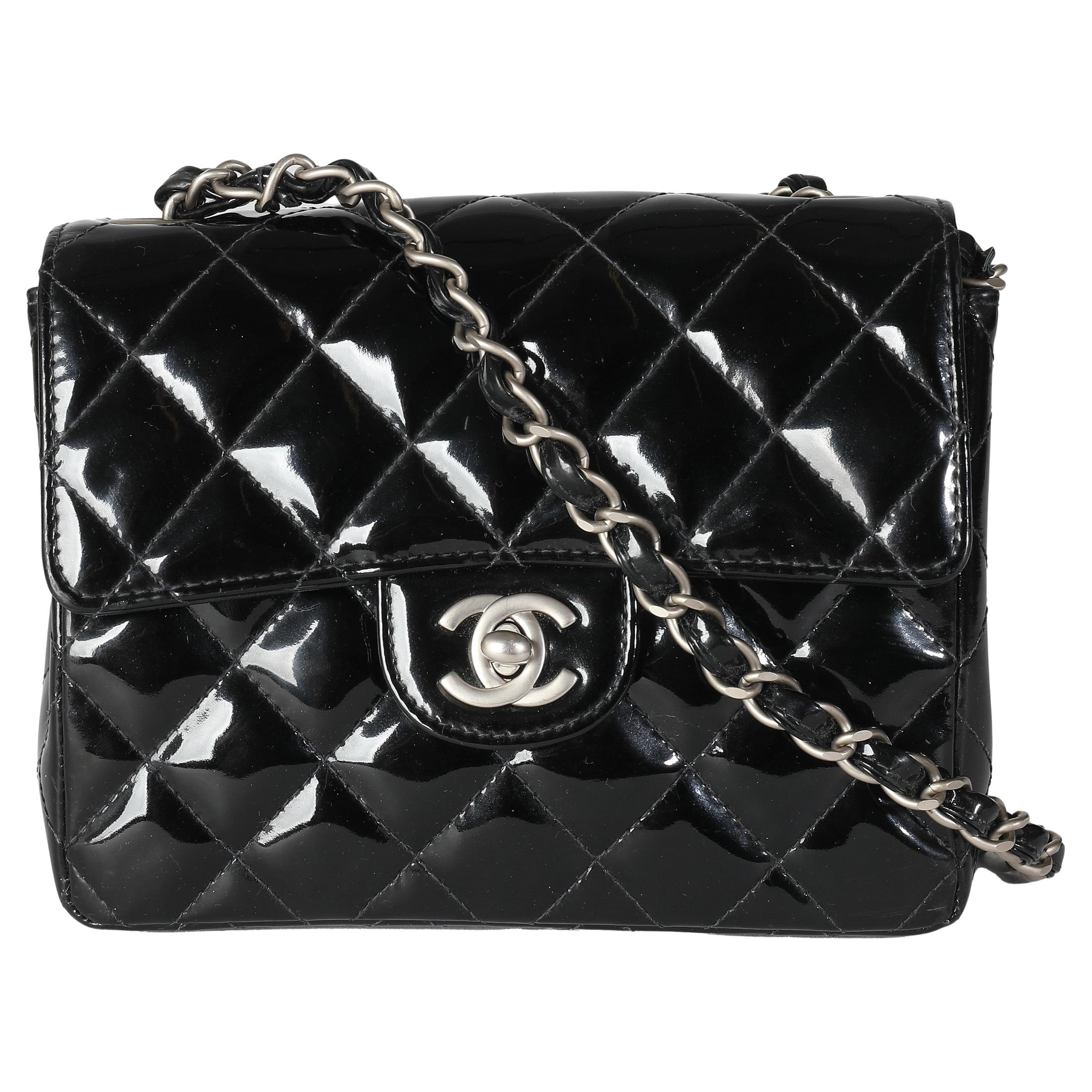 Chanel Vintage Black Quilted Patent Mini Square Flap Bag For Sale