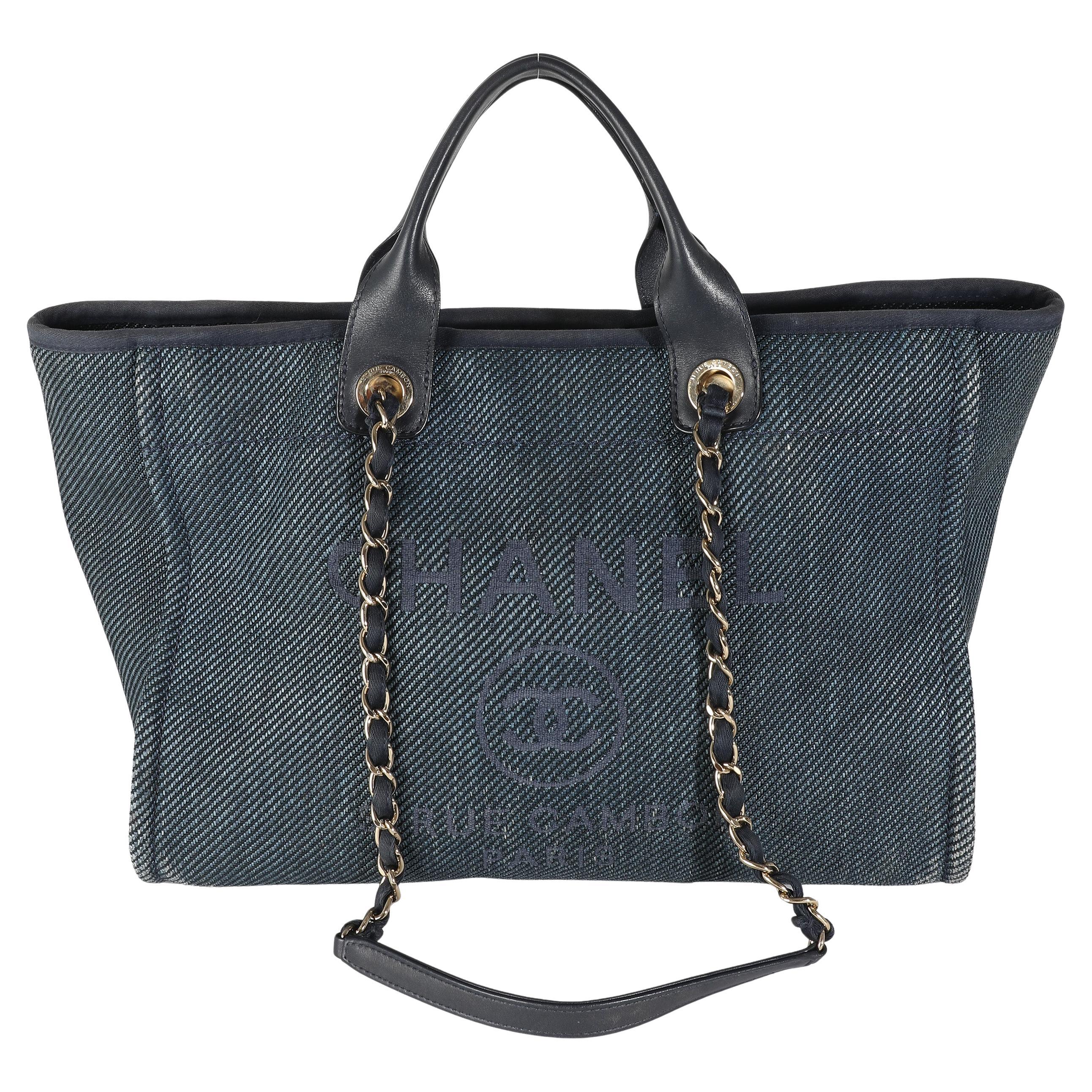 Chanel Navy Blue Woven Straw Raffia Medium Deauville Tote For Sale