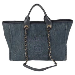 Chanel Navy Blue Woven Straw Raffia Medium Deauville Tote